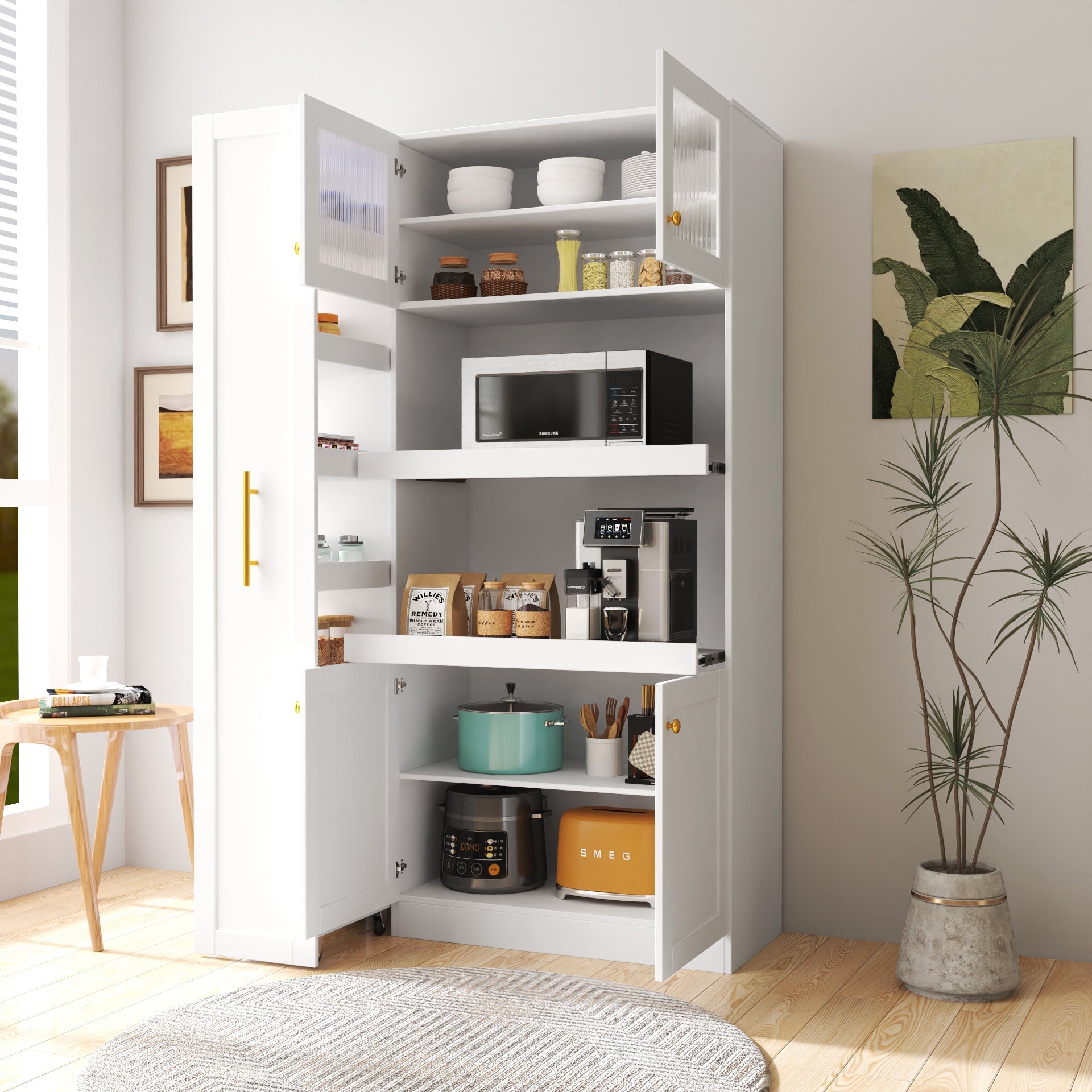Farmhouse Pantry Organizers Cabinet with 4 Doors