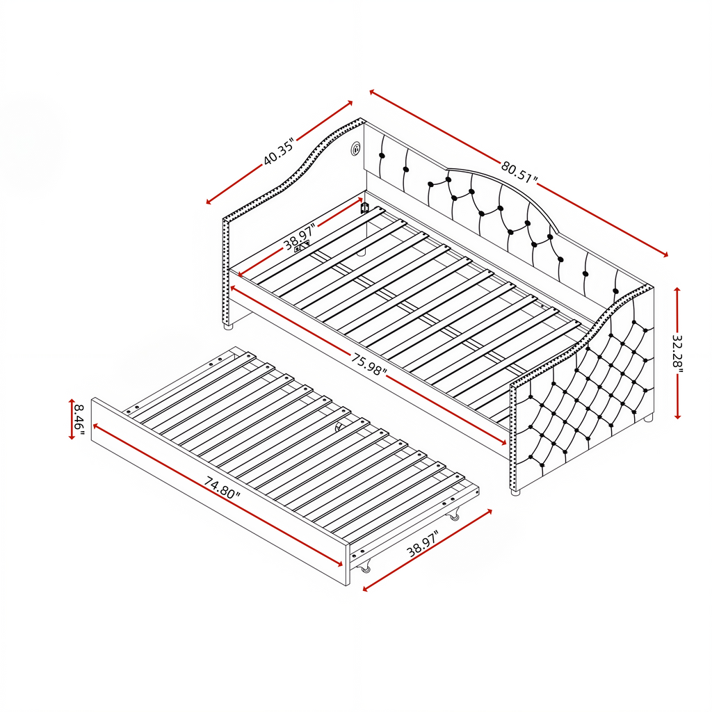 Twin Size Upholstered Daybed with Trundle and USB Charging Design