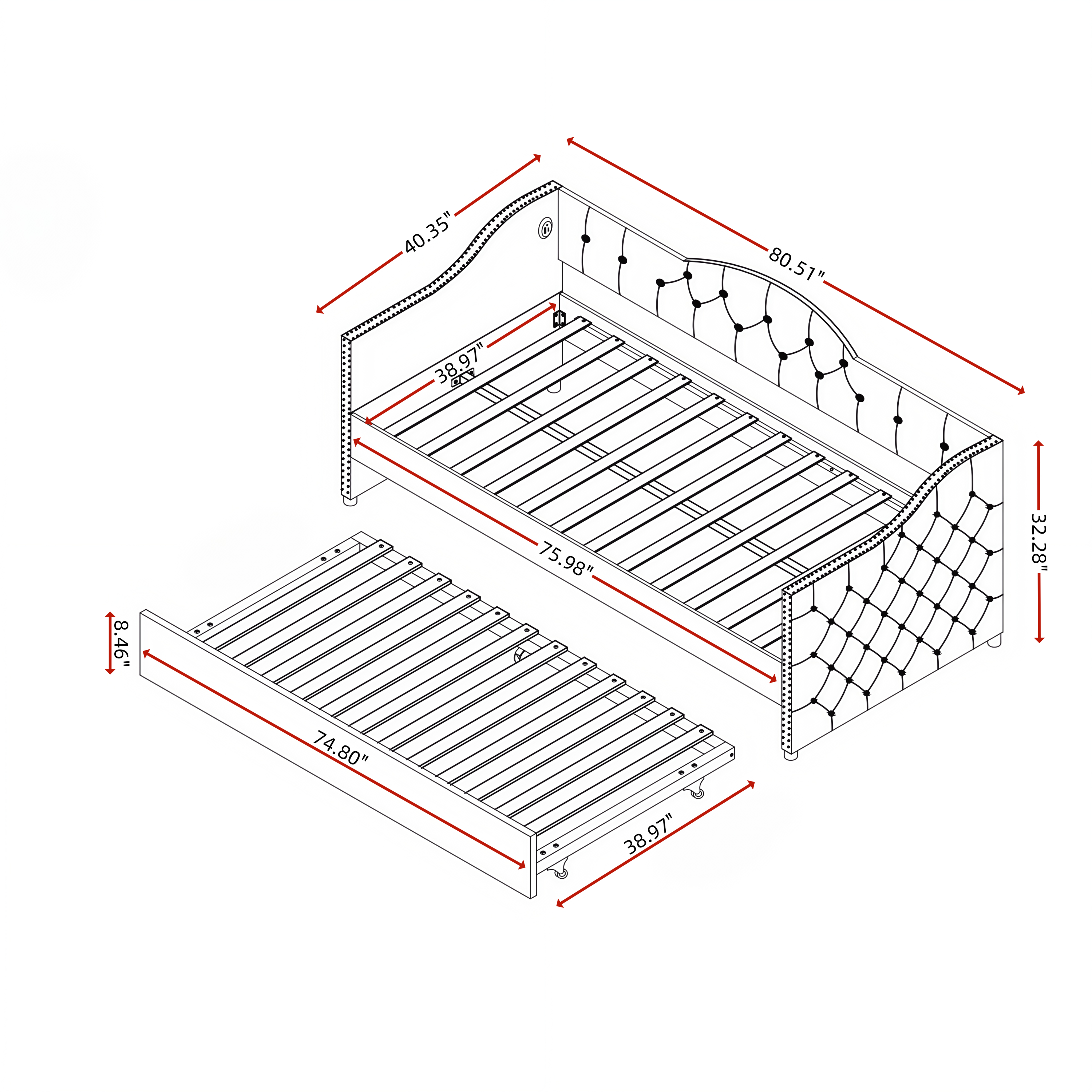 Twin Size Upholstered Daybed with Trundle and USB Charging Design