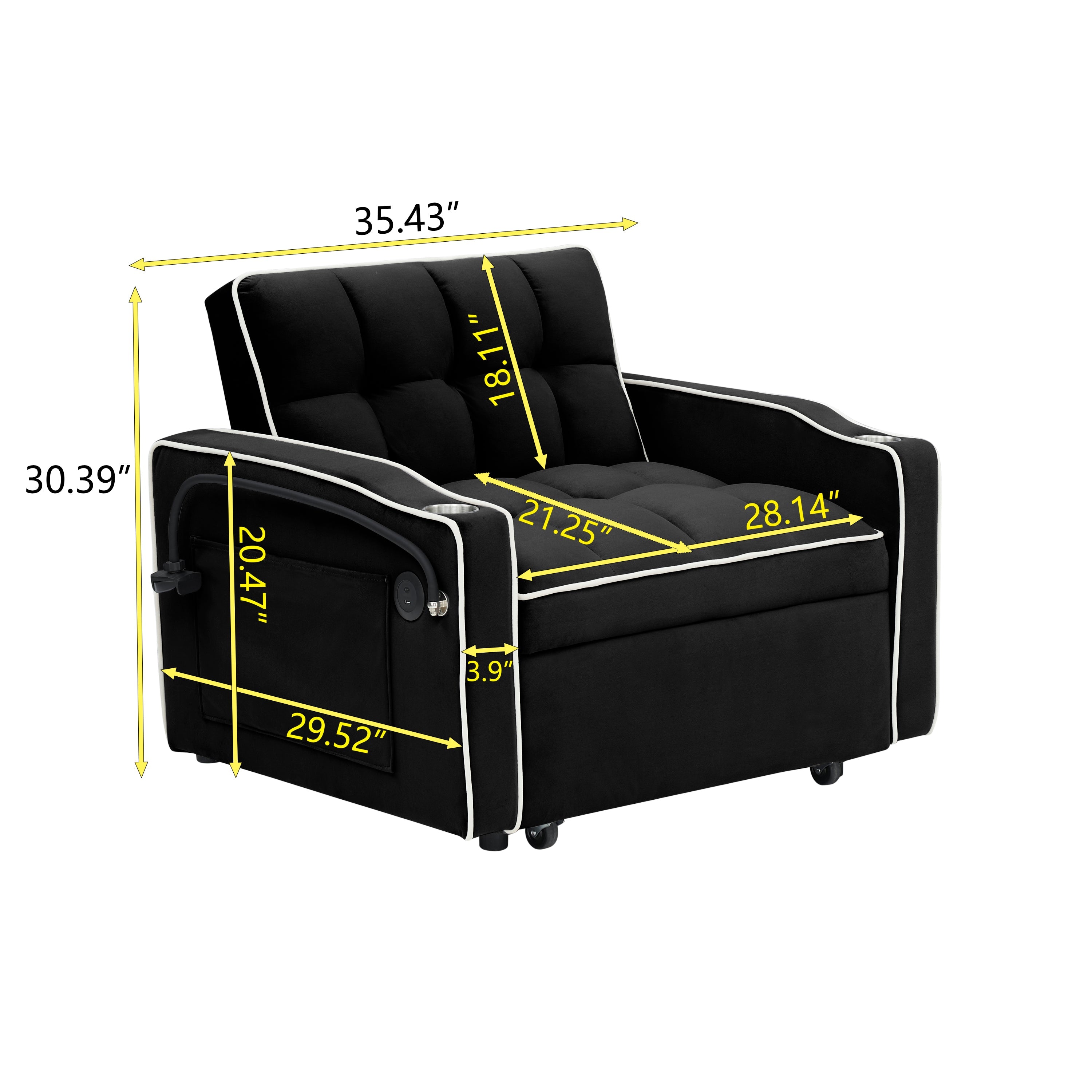 Velvet Foldable Sofa Bed Adjustable Back with USB, Ashtray & Phone Stand
