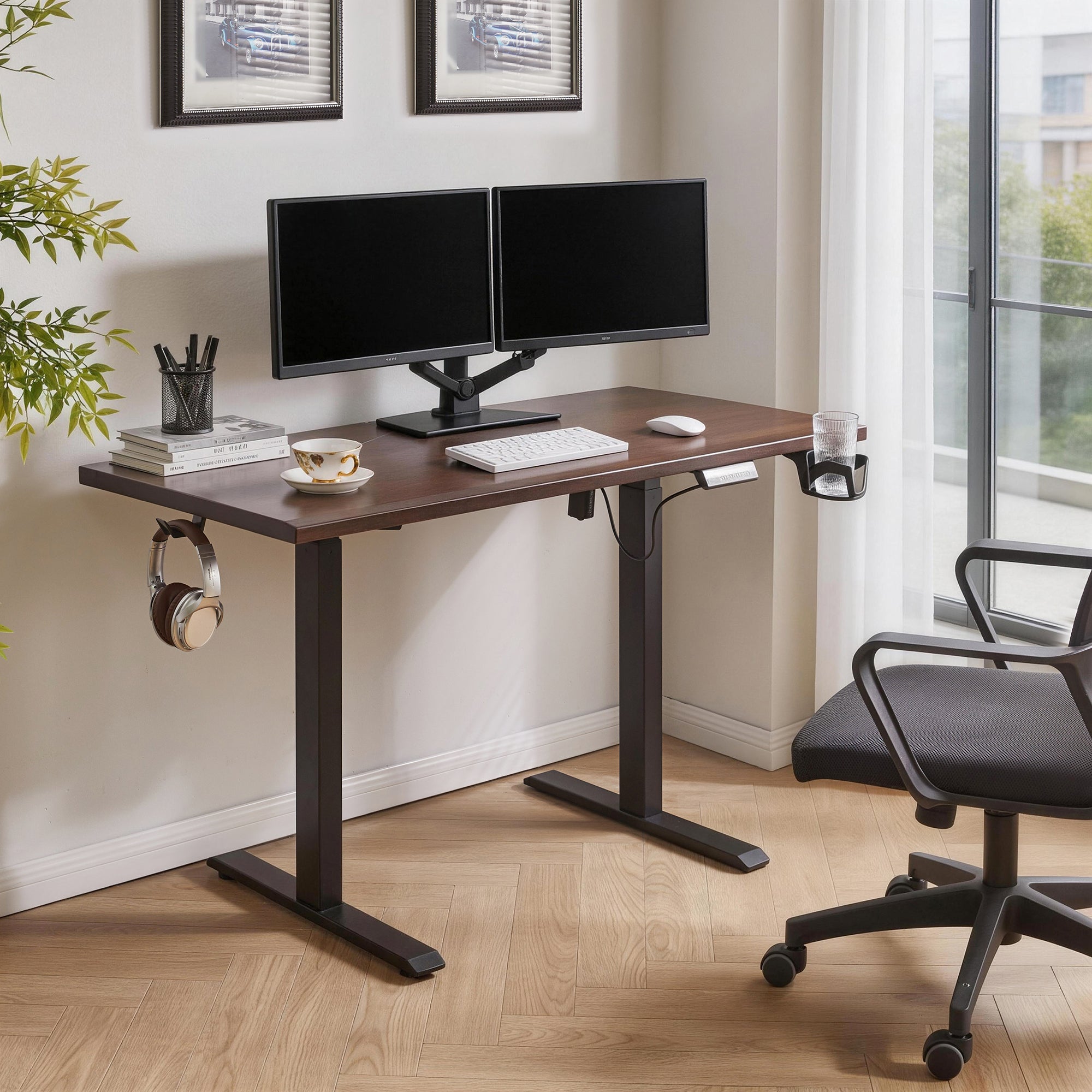 Solid Rubberwood Electric Adjustable Height Ergonomic Home Office Desk