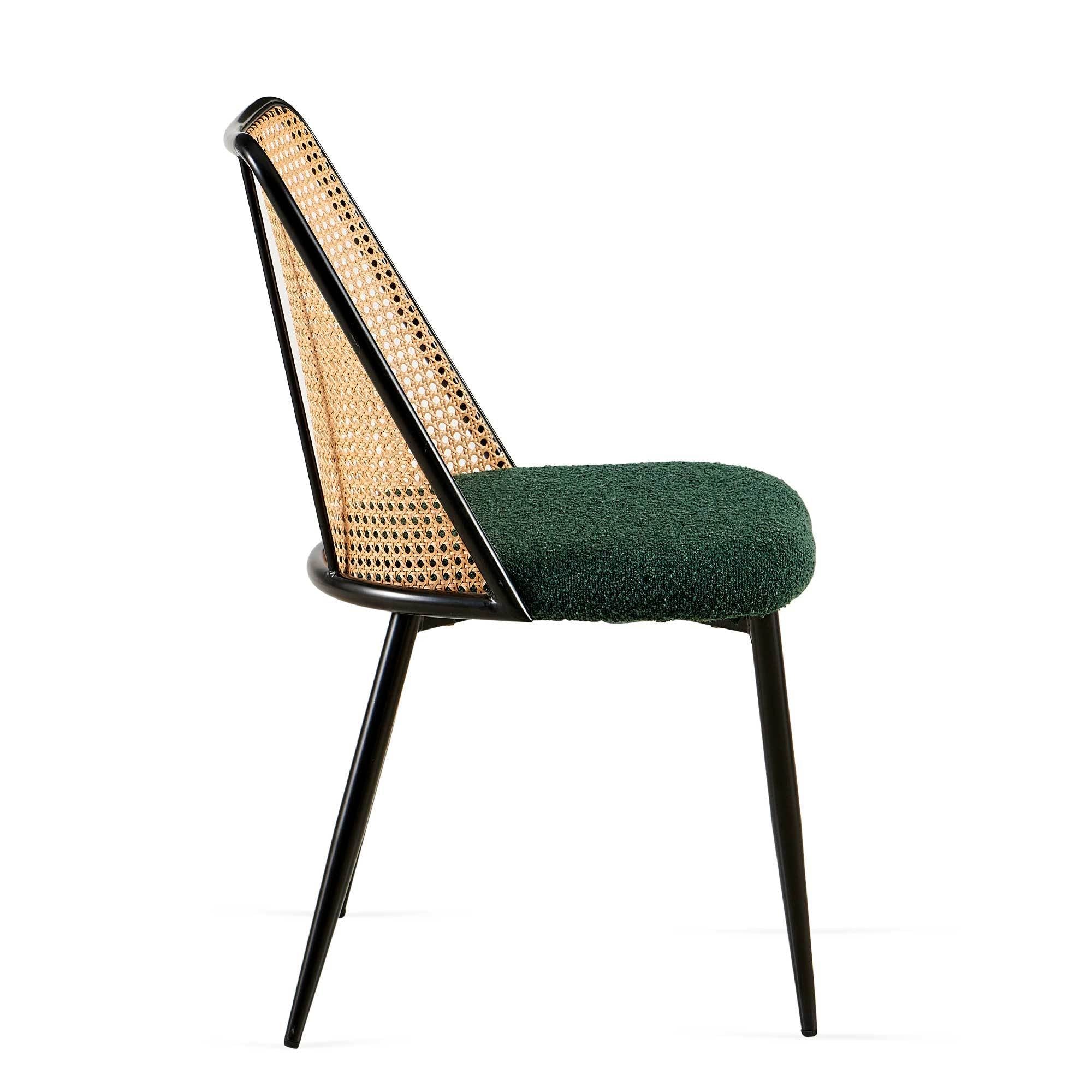 Green Rattan Boucle Dining Chairs with Natural Cane Back (Set of 2)
