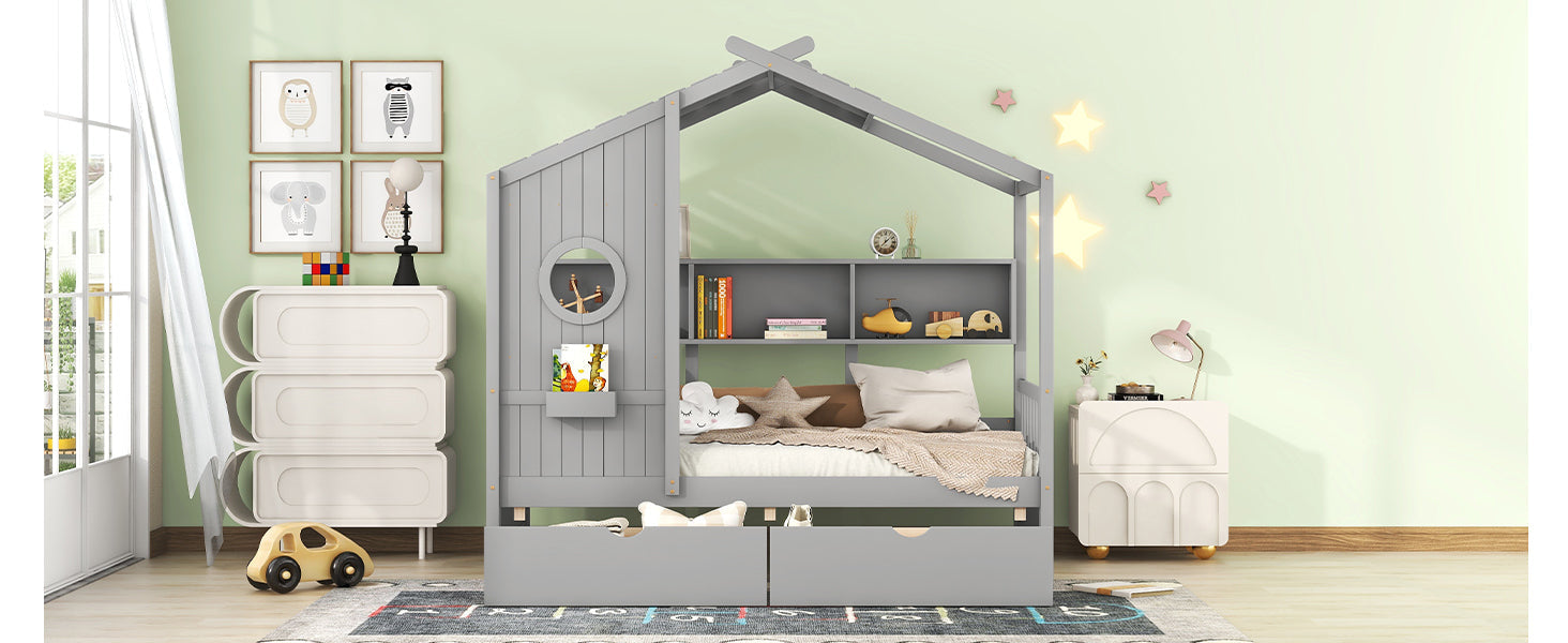 Wooden Twin Size House Bed with 2 Drawers