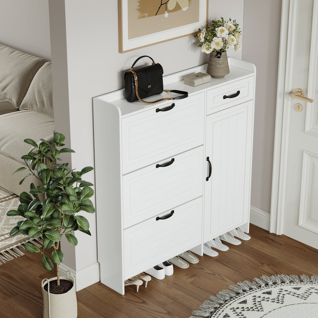 White Color Shoe Cabinet  with 4 Doors 1 Drawers