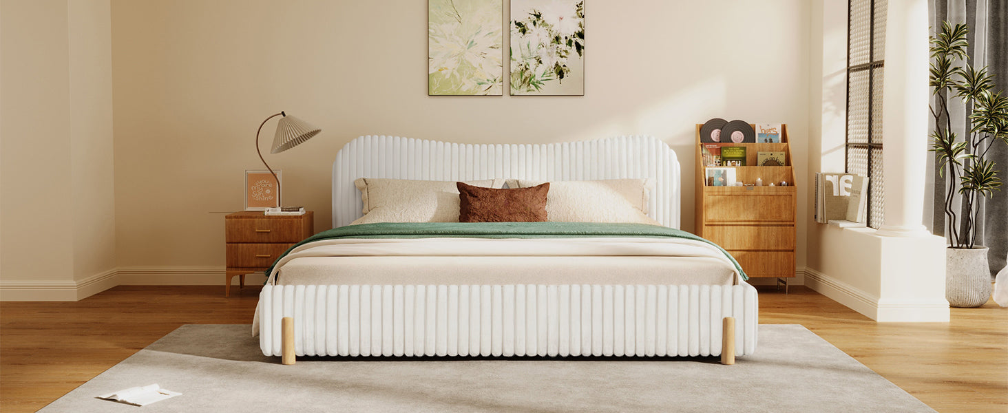 Sleek White Boucle Upholstered Bed with Wavy Headboard