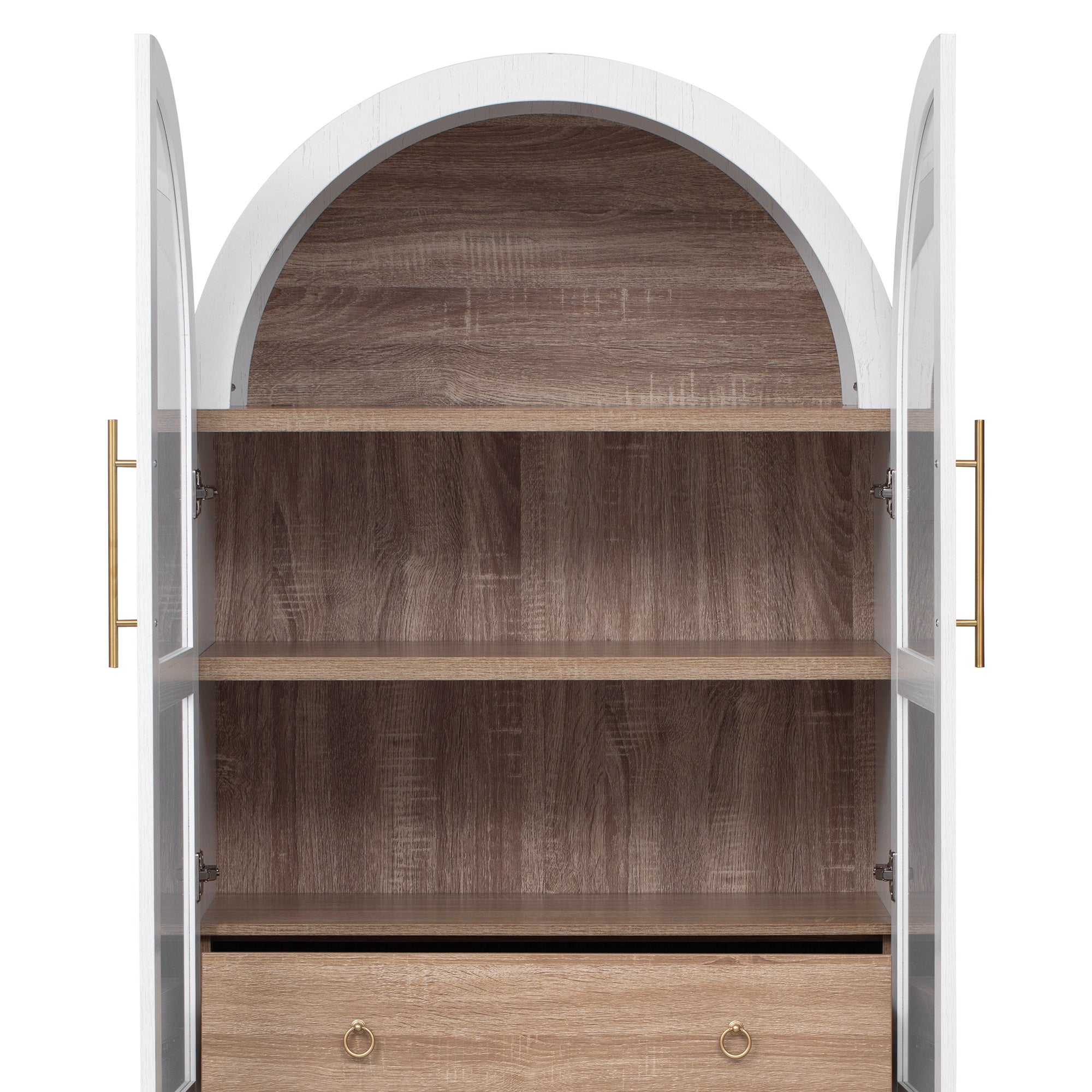 71" Tall Arched Farmhouse Kitchen Pantry Cabinet with Door Shelves