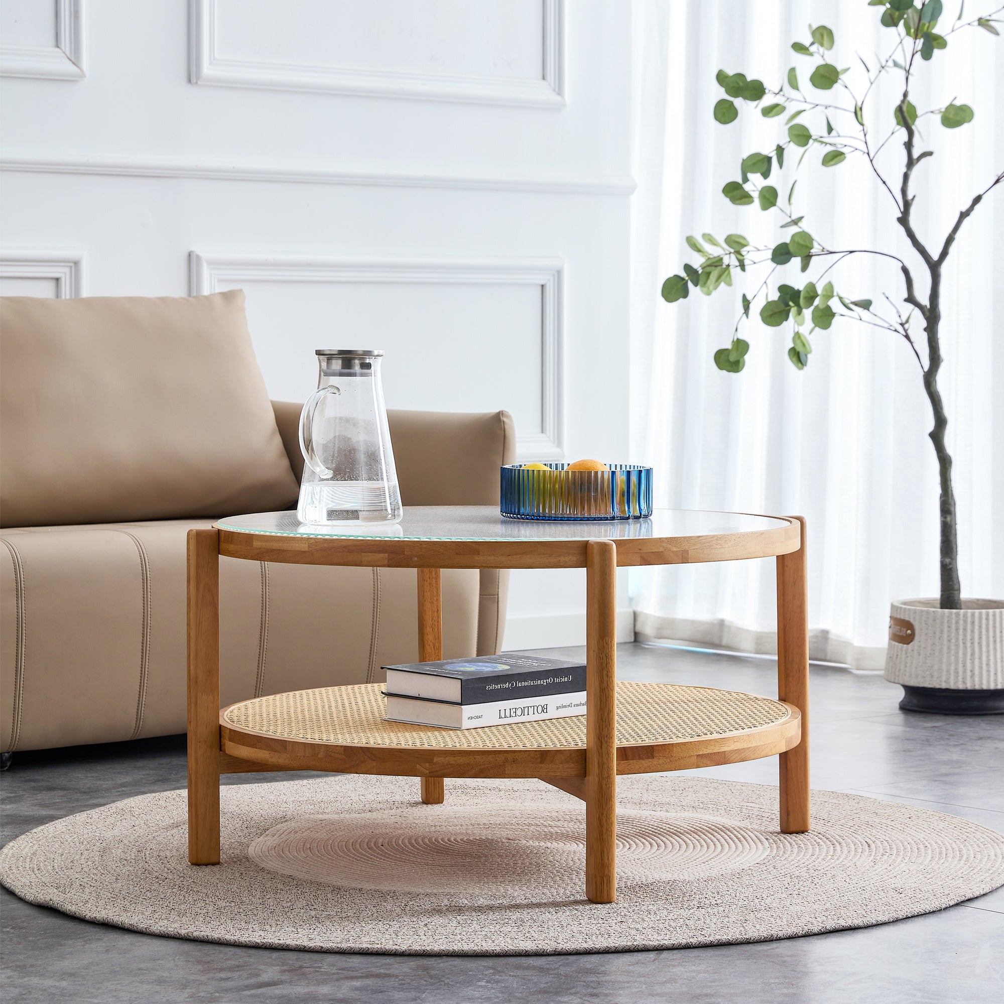 Modern Style Circular Double-Layer Solid Wood Coffee Table