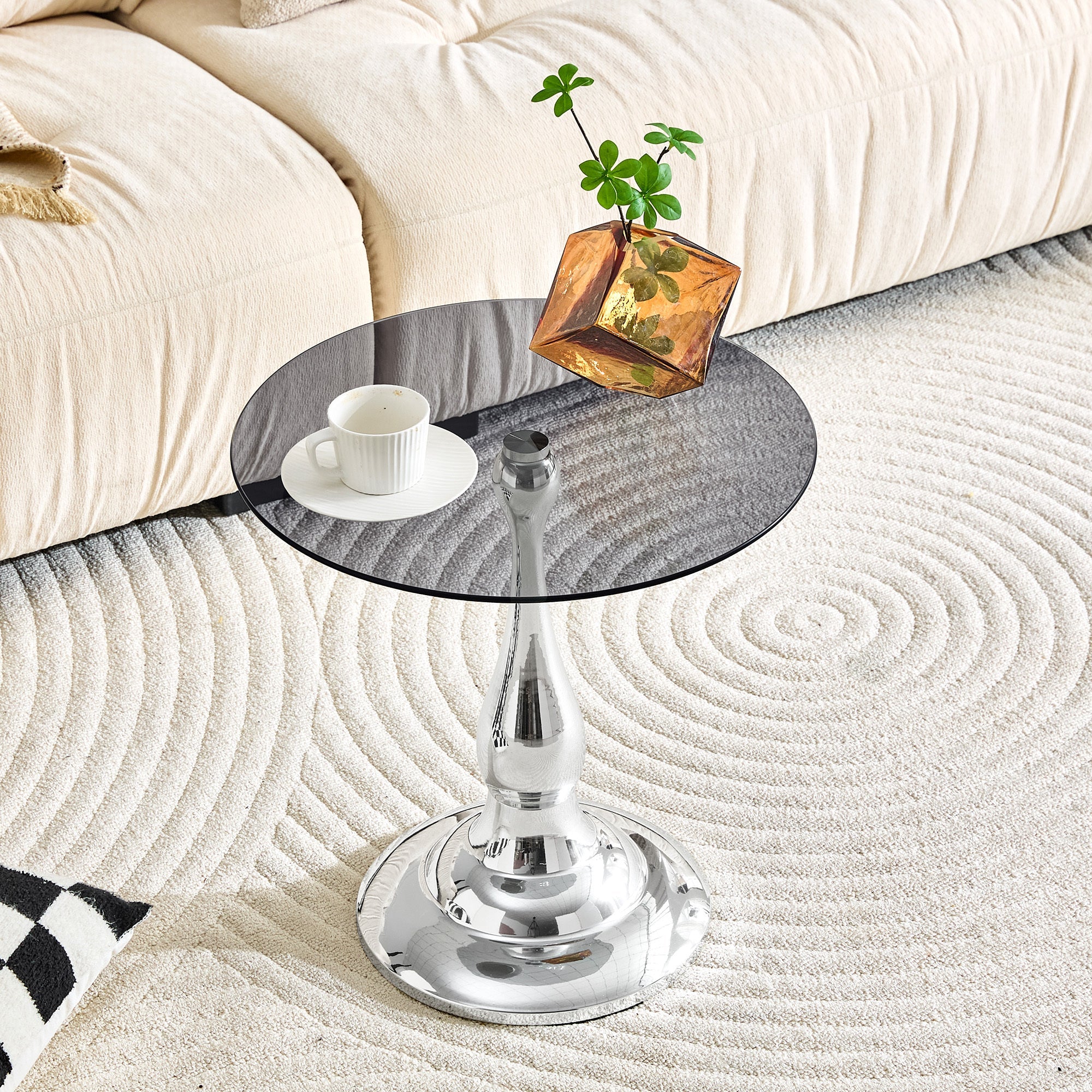 20" Small Luxury Metal Round Side Table with a Glass Top