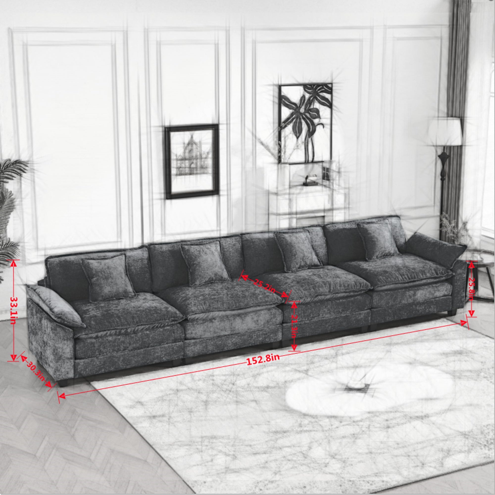 Modern Comfy Upholstered Seat Cushion Sectional Couch (Ottoman is Not Included)