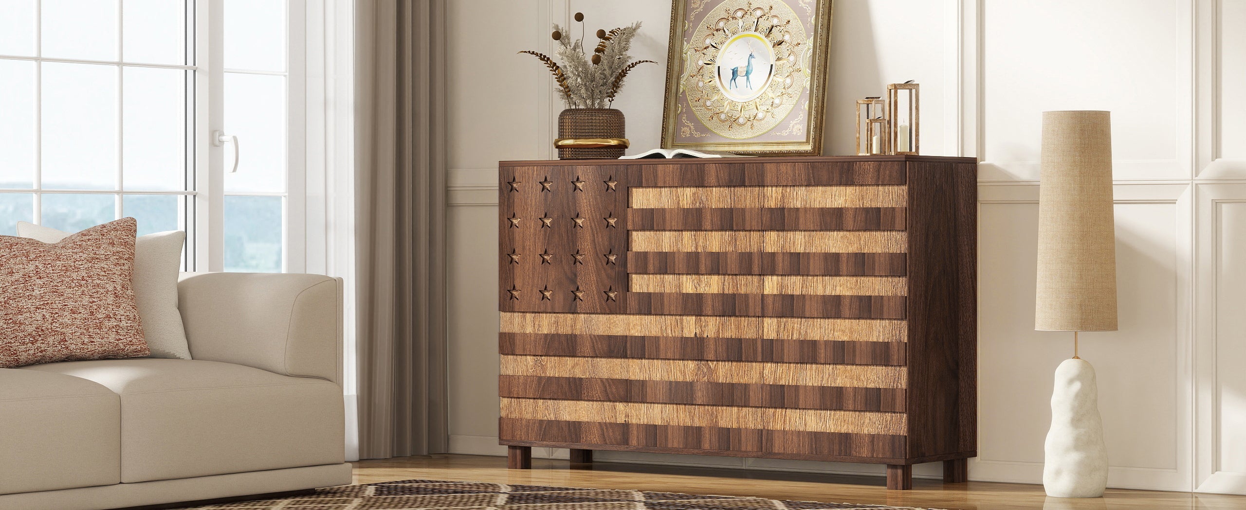 55' Buffet Sideboard Cabinet with Hand Carved Craftsmanship