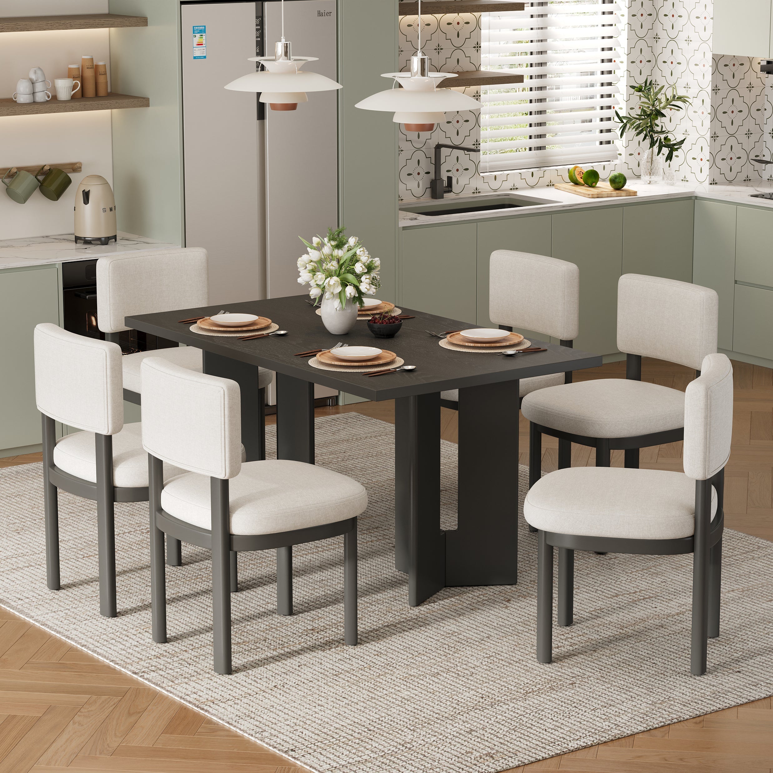 Farmhouse Dining Table Set with 6 Upholstered Chairs
