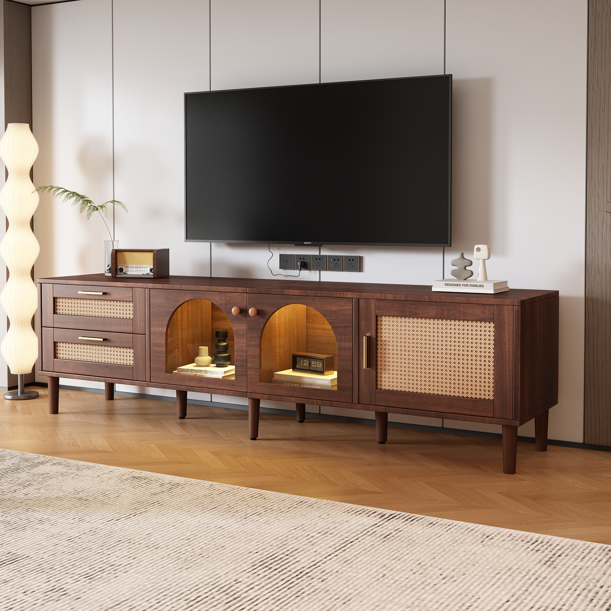 70" Rattan LED Light Entertainment TV Stand