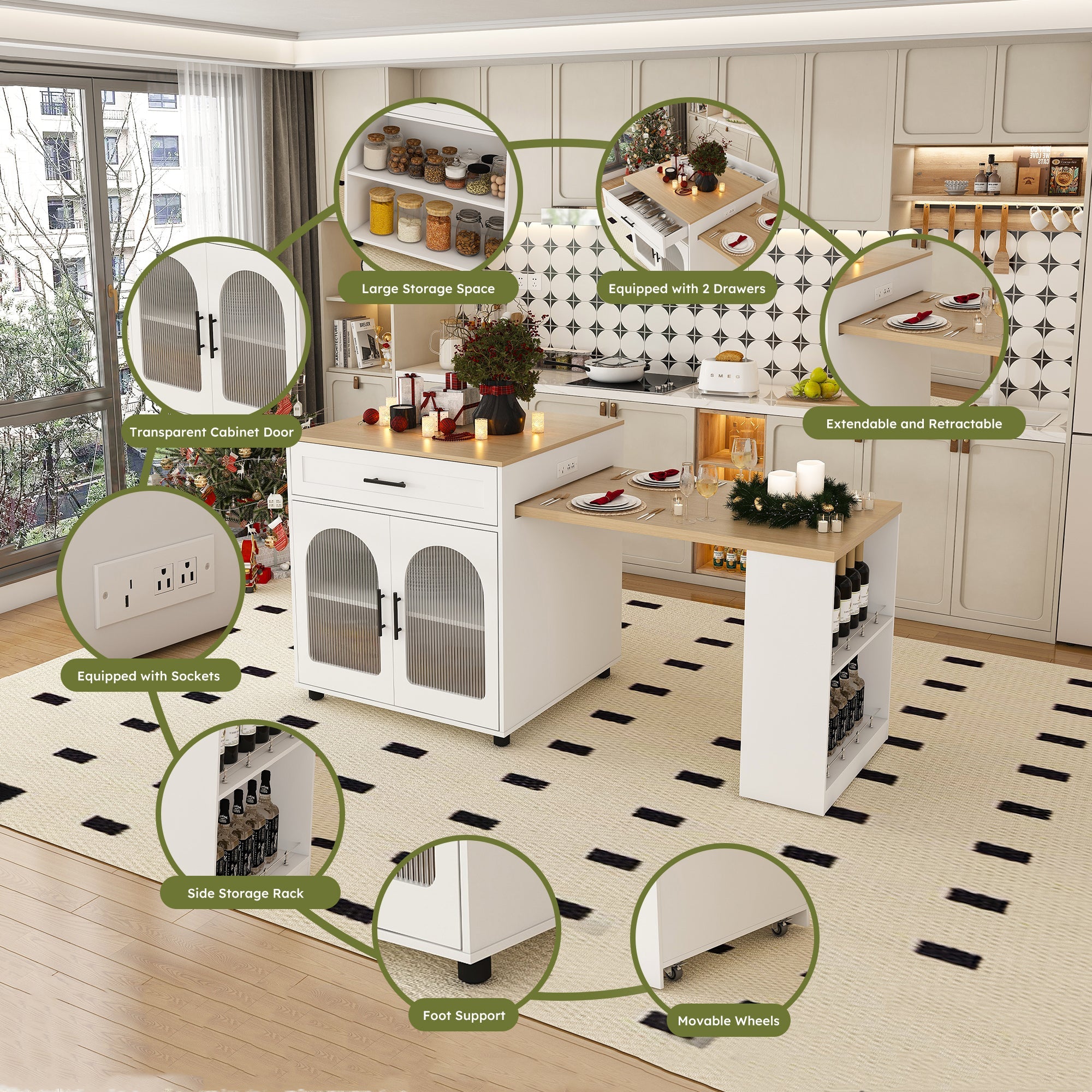 Expandable Kitchen Island with Dining Table