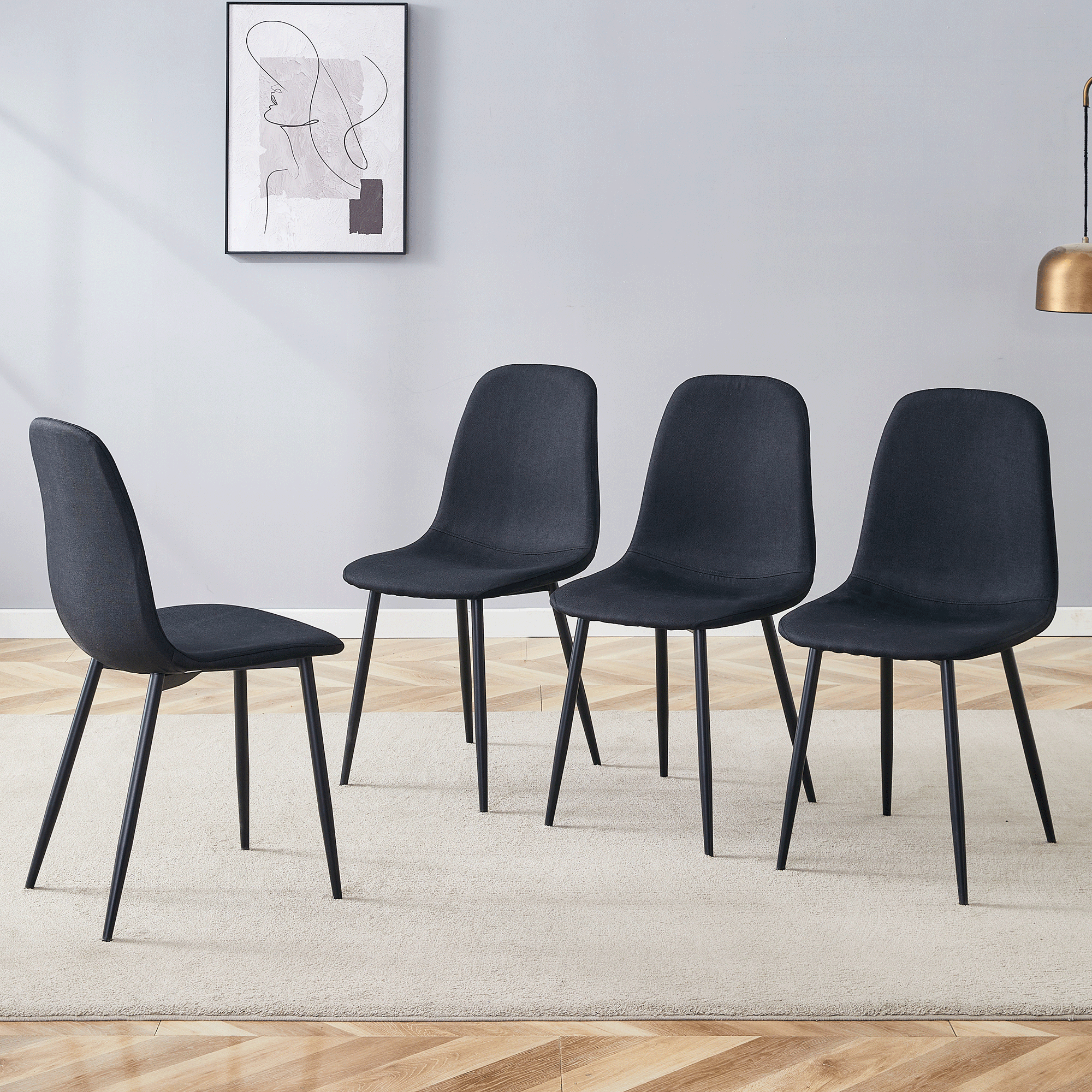 Luxury Simple Chair Black Linen Dining Chair  (Set of 4)