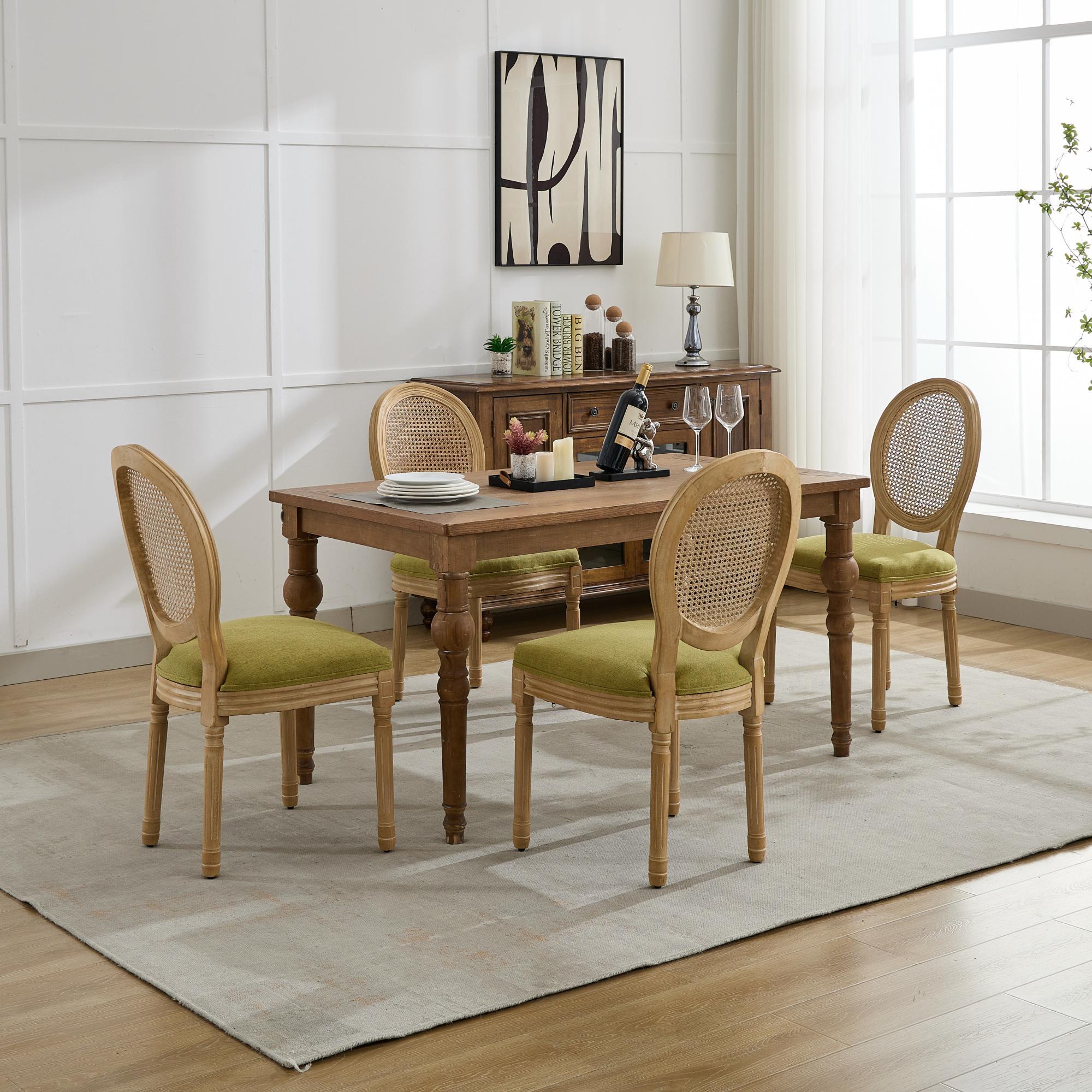 French Style Solid Wood Frame Linen Fabric Dining Chair (Set of 2)