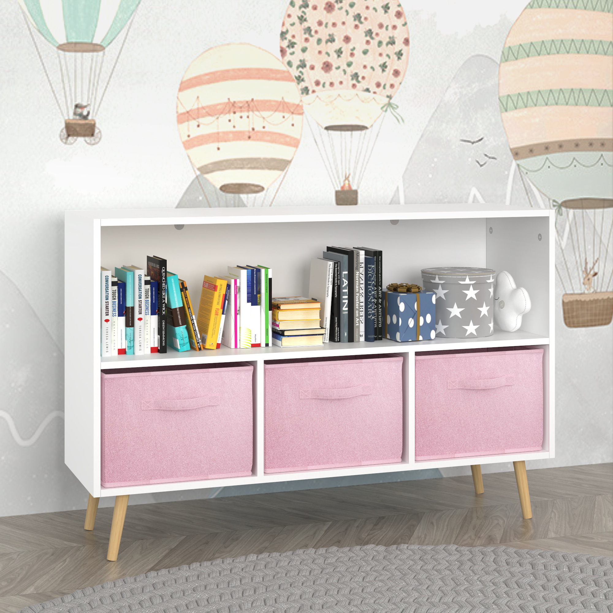 Children's Book Display Kids Bookcase with 3 Fabric Bins