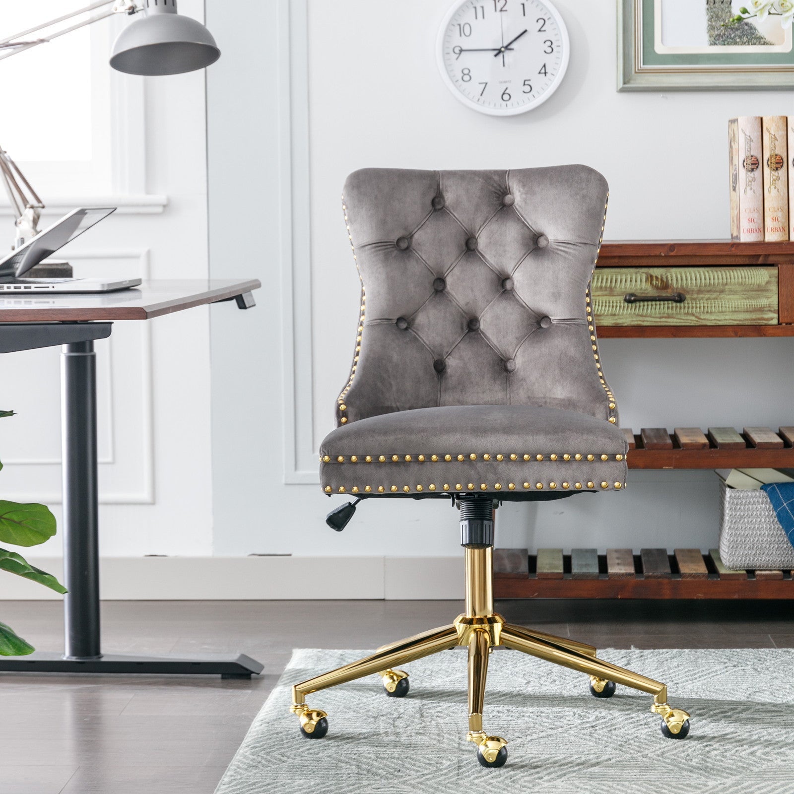 Adjustable Velvet Upholstered Tufted Button Home Office Chair