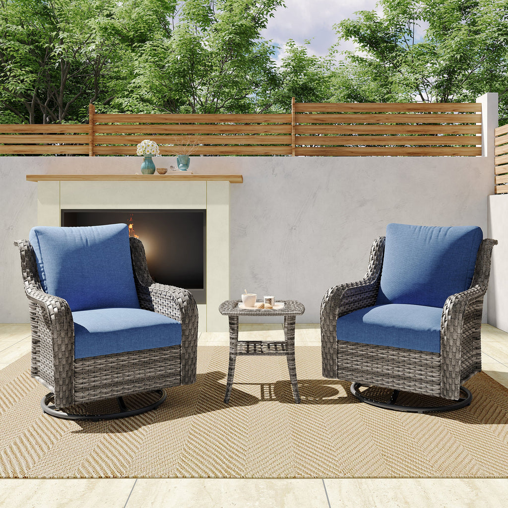 2-Piece Outdoor Wicker Swivel Chairs with Side Table Blue Cushioned Patio Set