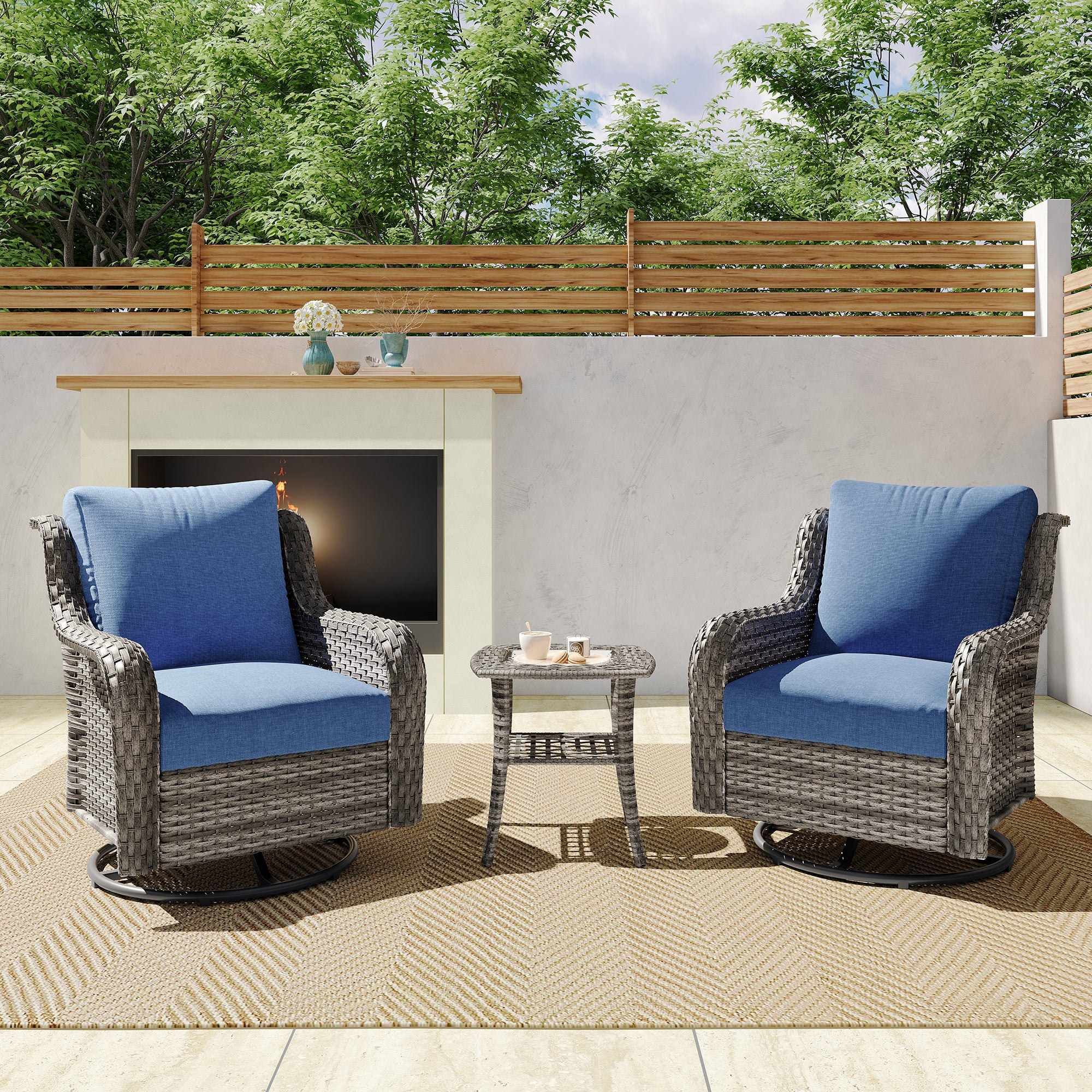 2-Piece Outdoor Wicker Swivel Chairs with Side Table Blue Cushioned Patio Set