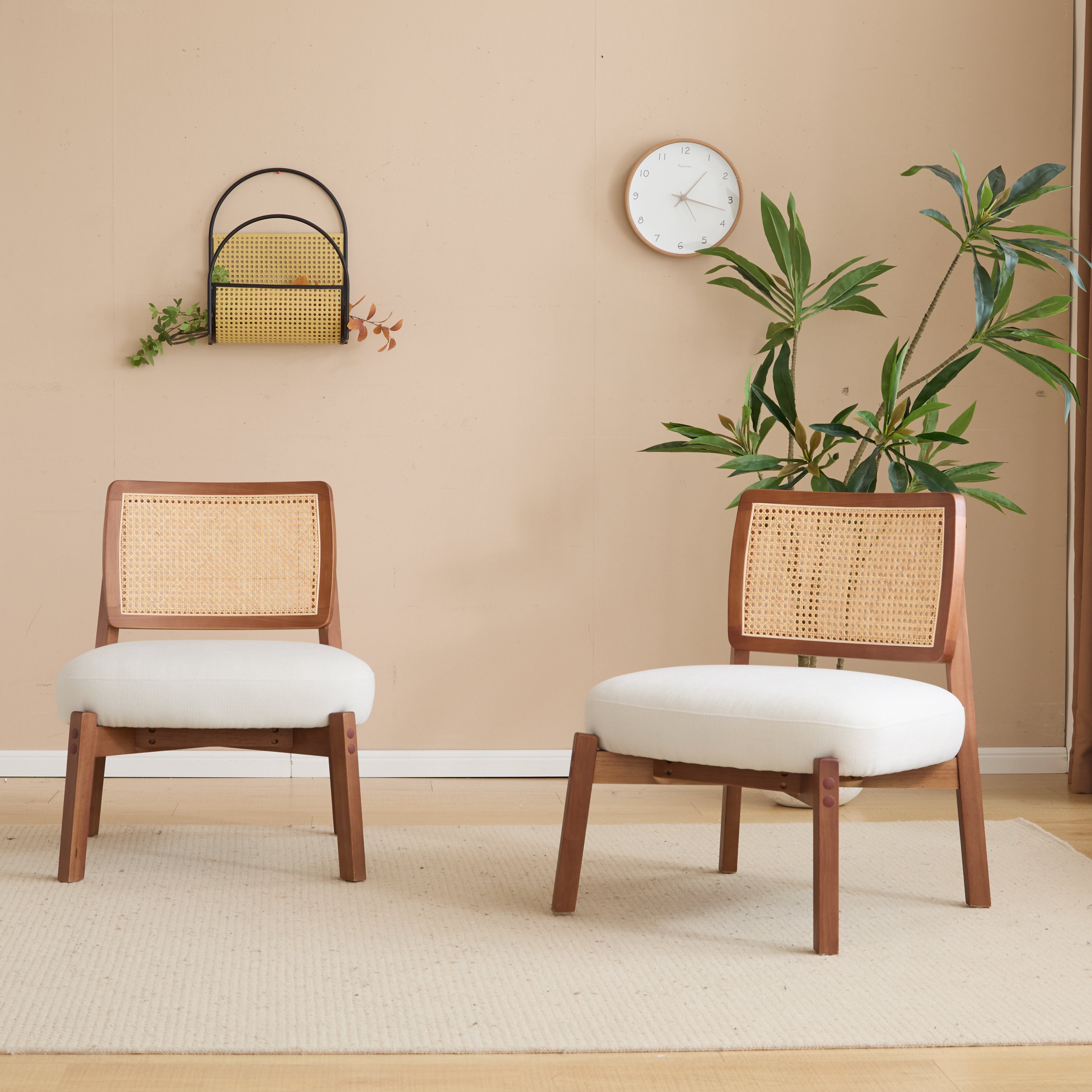 Modern Beige Lounge Chair with Woven Backrest (Set of 2)