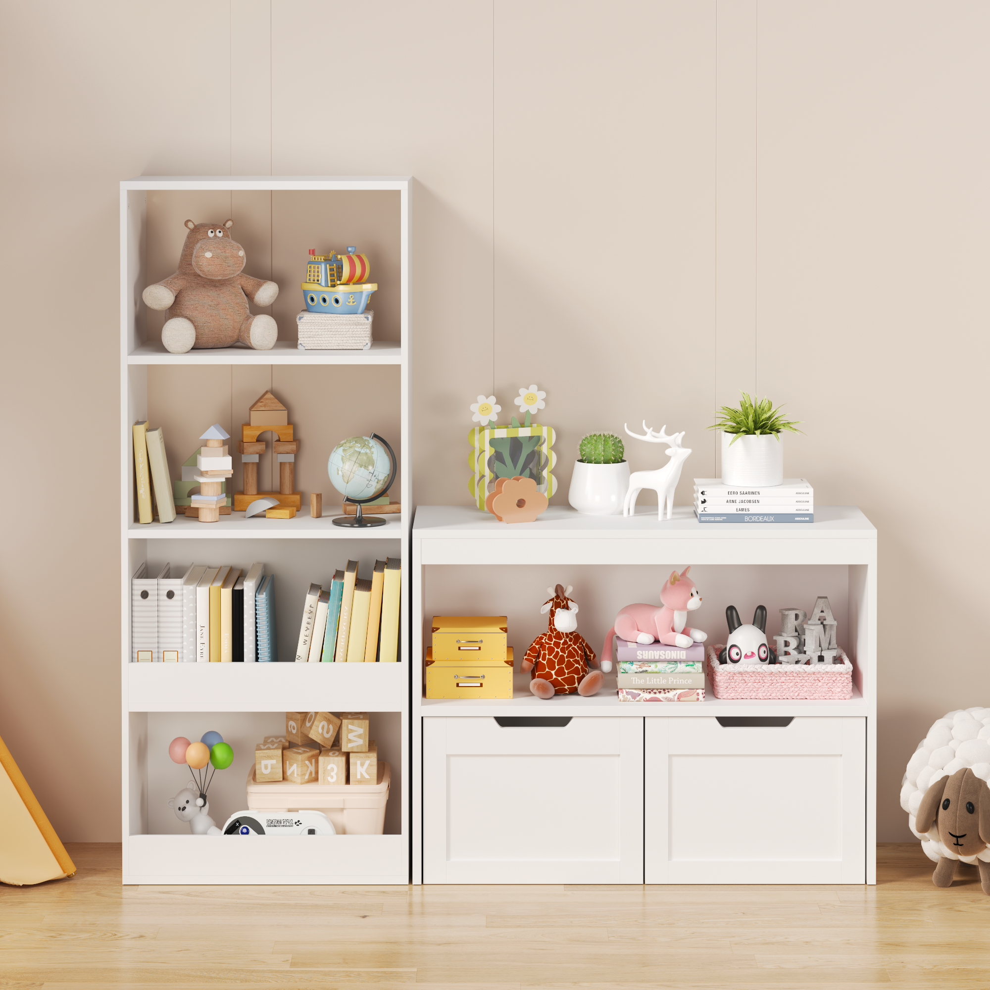 Toy Storage Cabinet  with Large Drawers and Open Shelves