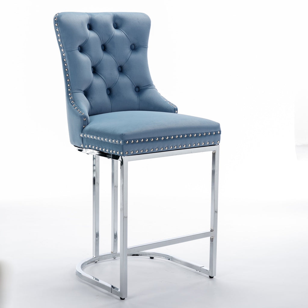 Luxury Elegant Nailhead Trim Tufted Velvet Bar Stools (Set of 2)