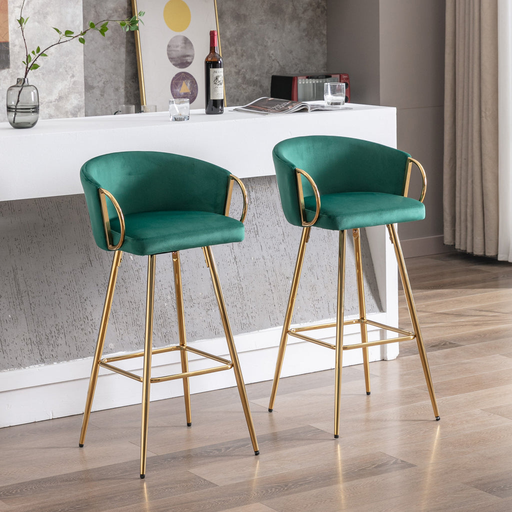Velvet Bar Stools with Chrome Footrest and Base（Set of 2)