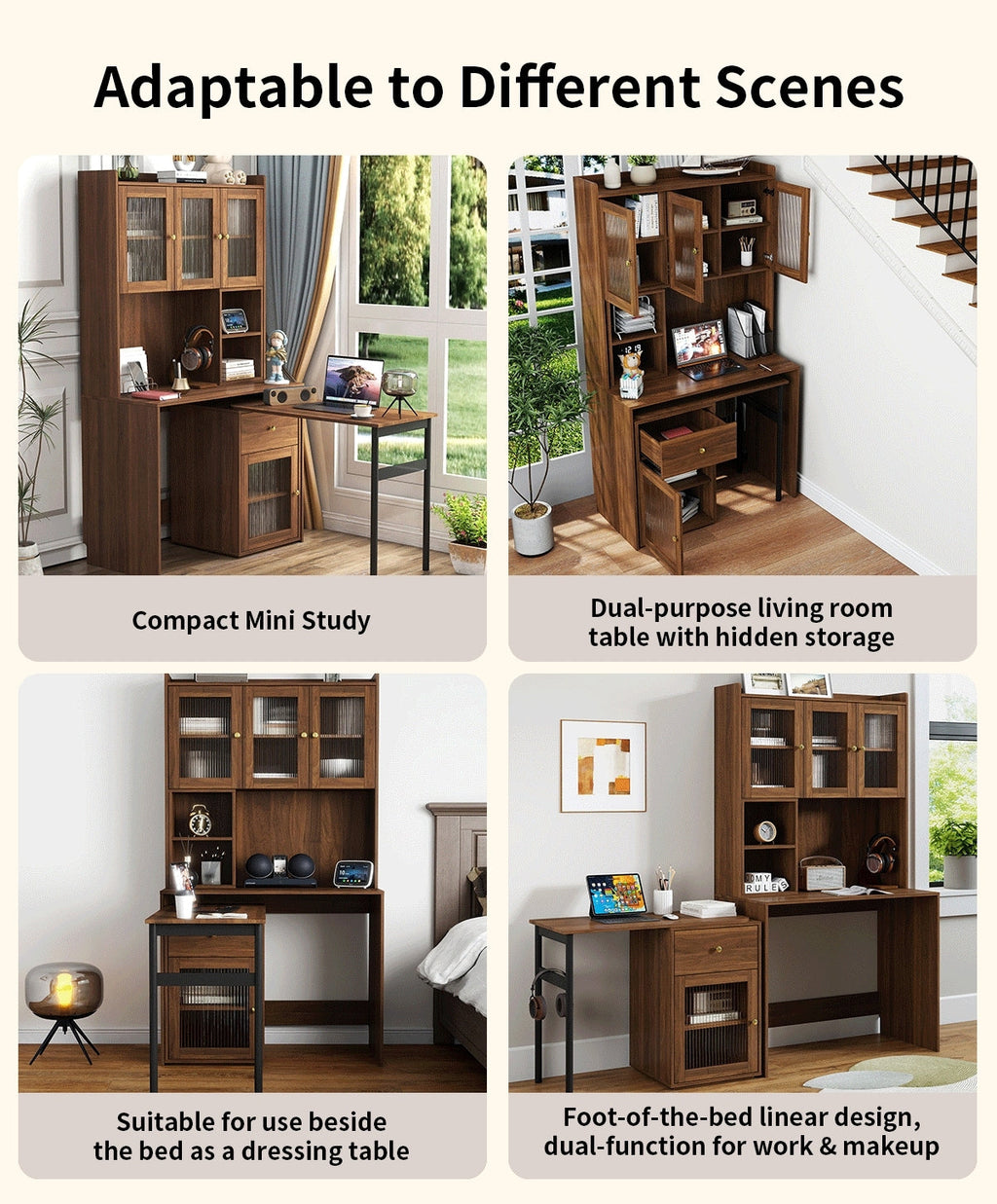 90 Degree Rotating Desktop Computer Desk with Glass Door for Home Office