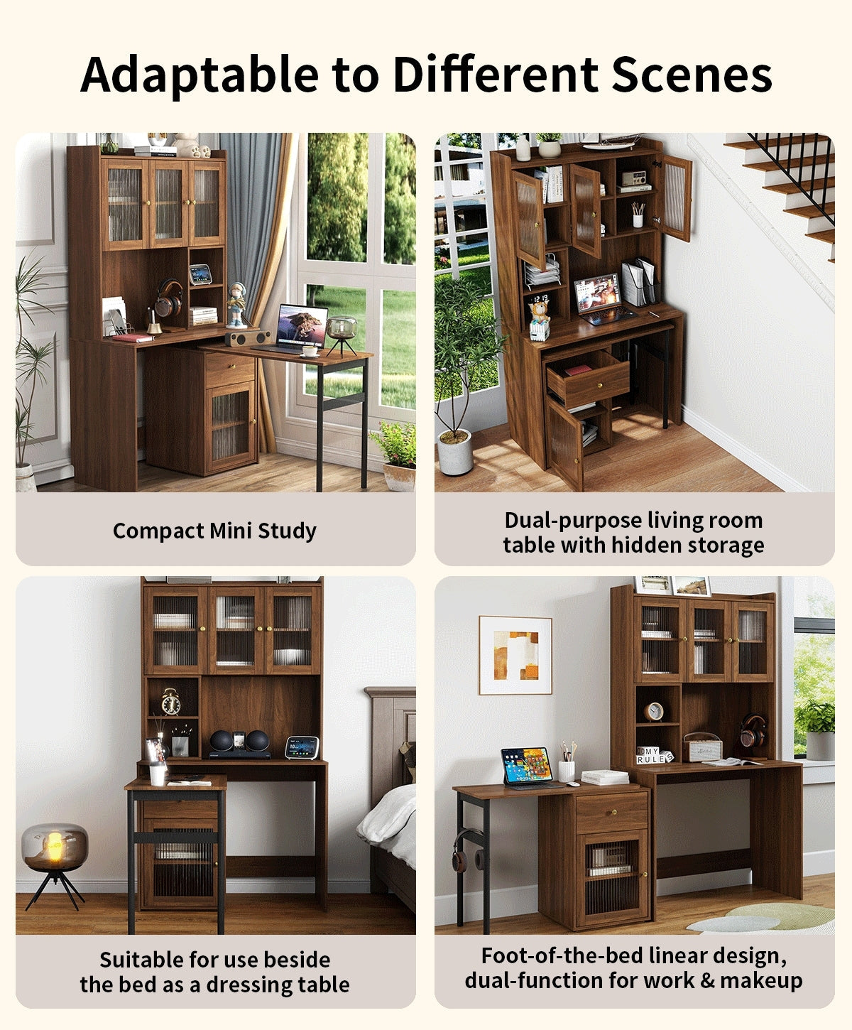 90 Degree Rotating Desktop Computer Desk with Glass Door for Home Office