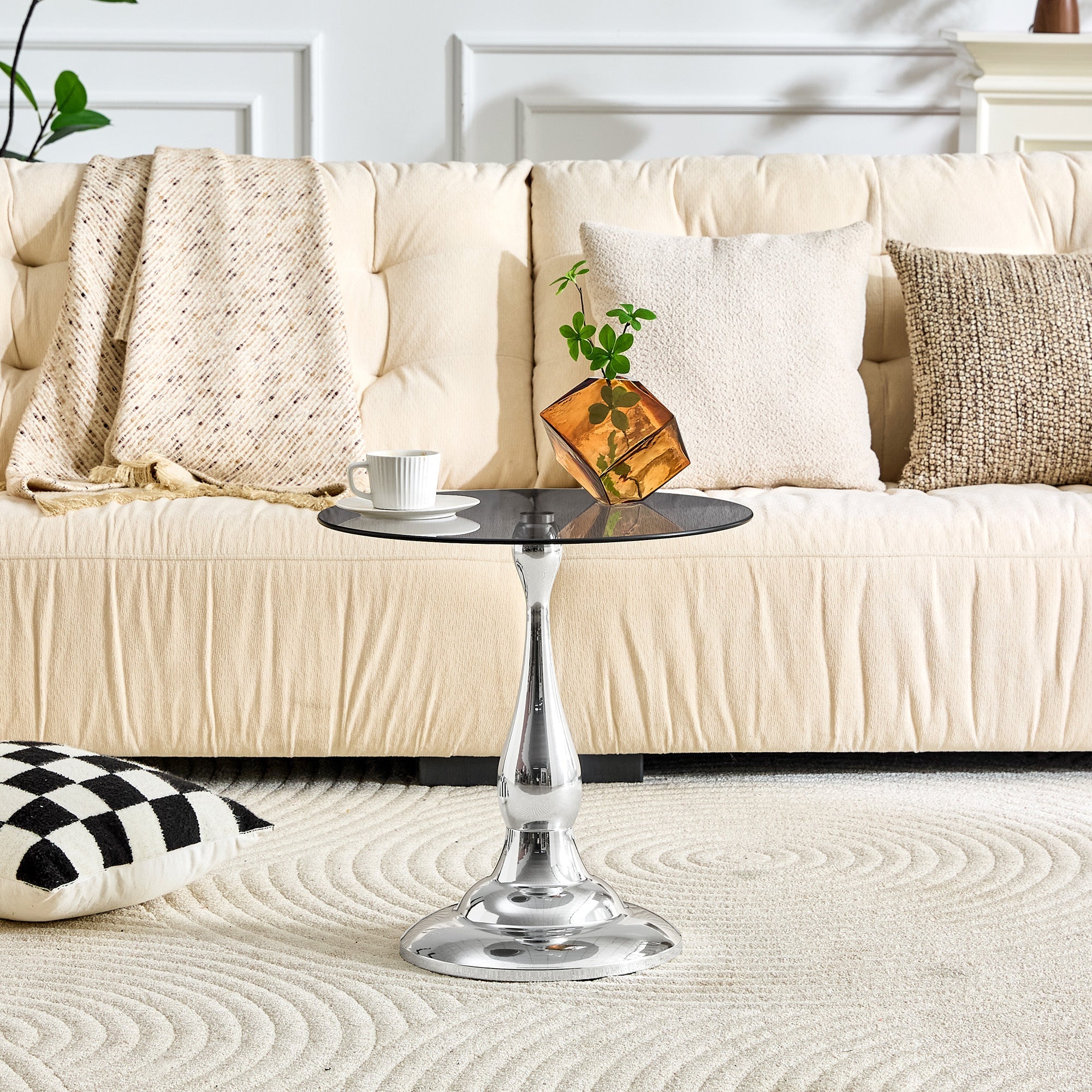 20" Small Luxury Metal Round Side Table with a Glass Top