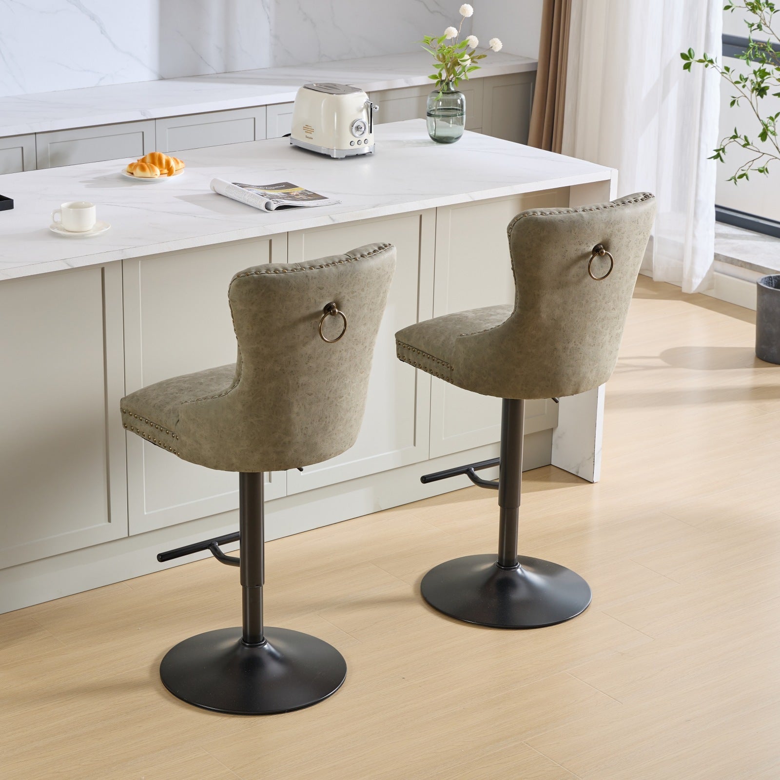 Aged and Retro PU Swivel Barstools Adjusatble Seat Height (Set of 2)