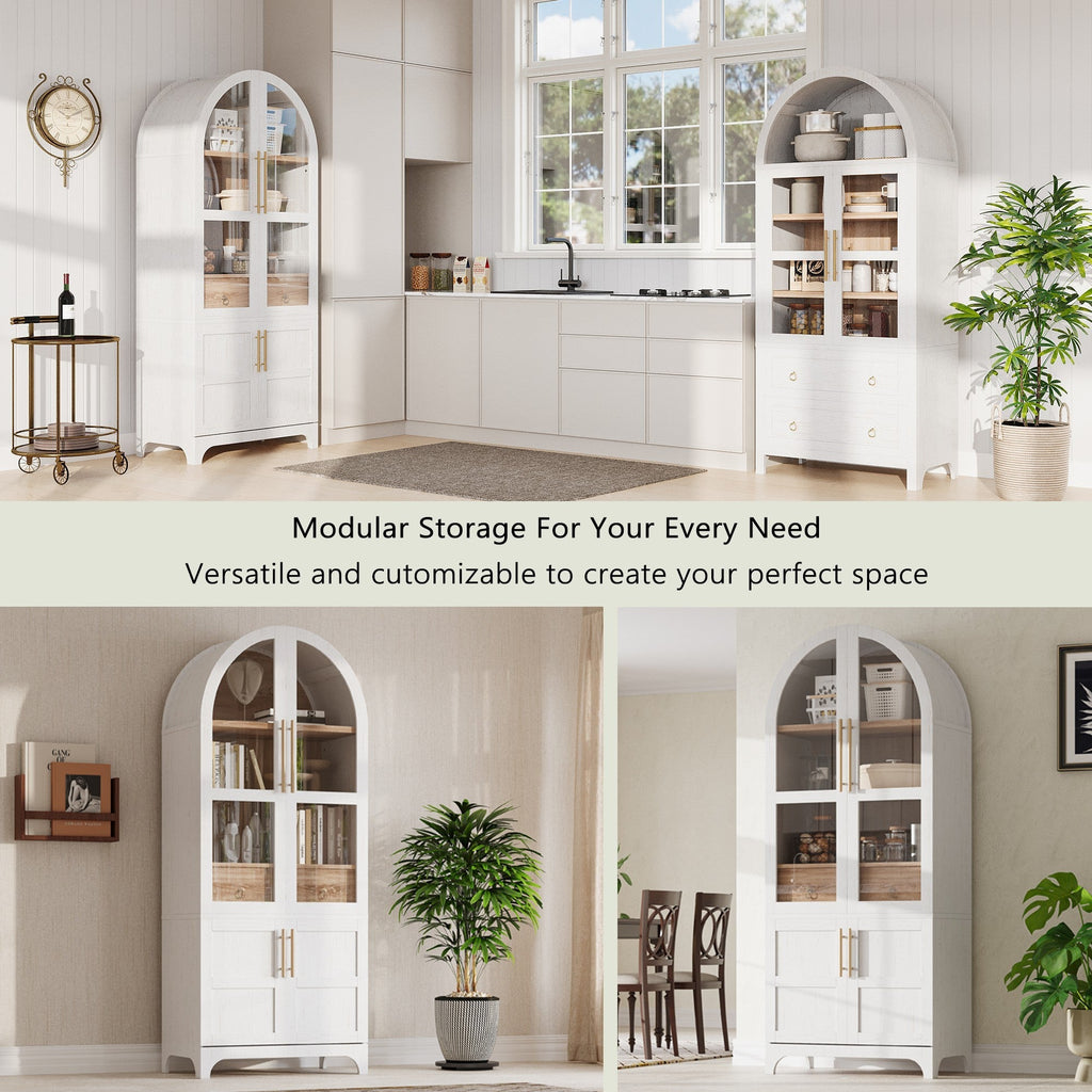 71" Tall Arched Farmhouse Kitchen Pantry Cabinet with Door Shelves
