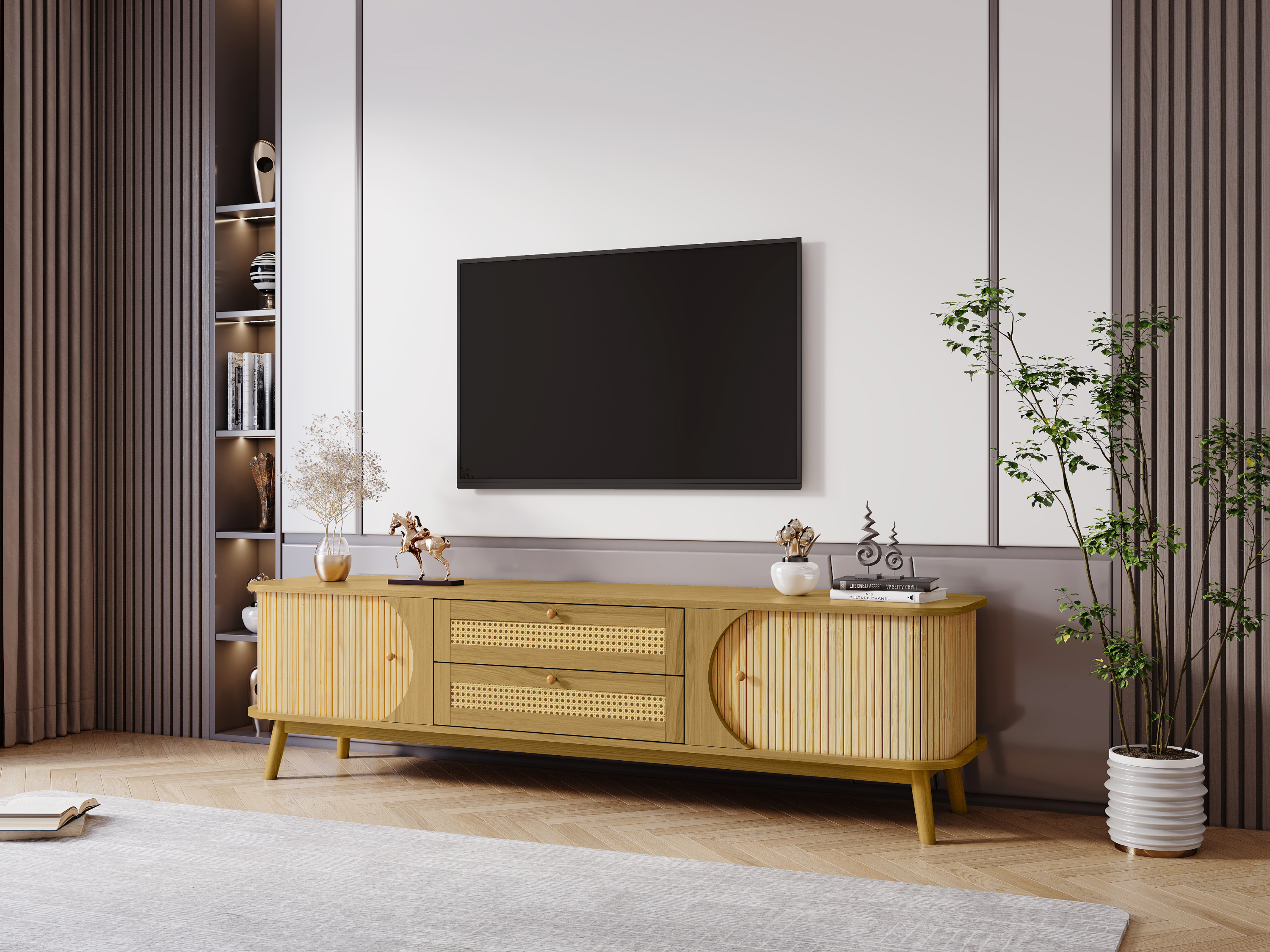 Modern Farmhouse Rattan TV Stand  Up to 75''