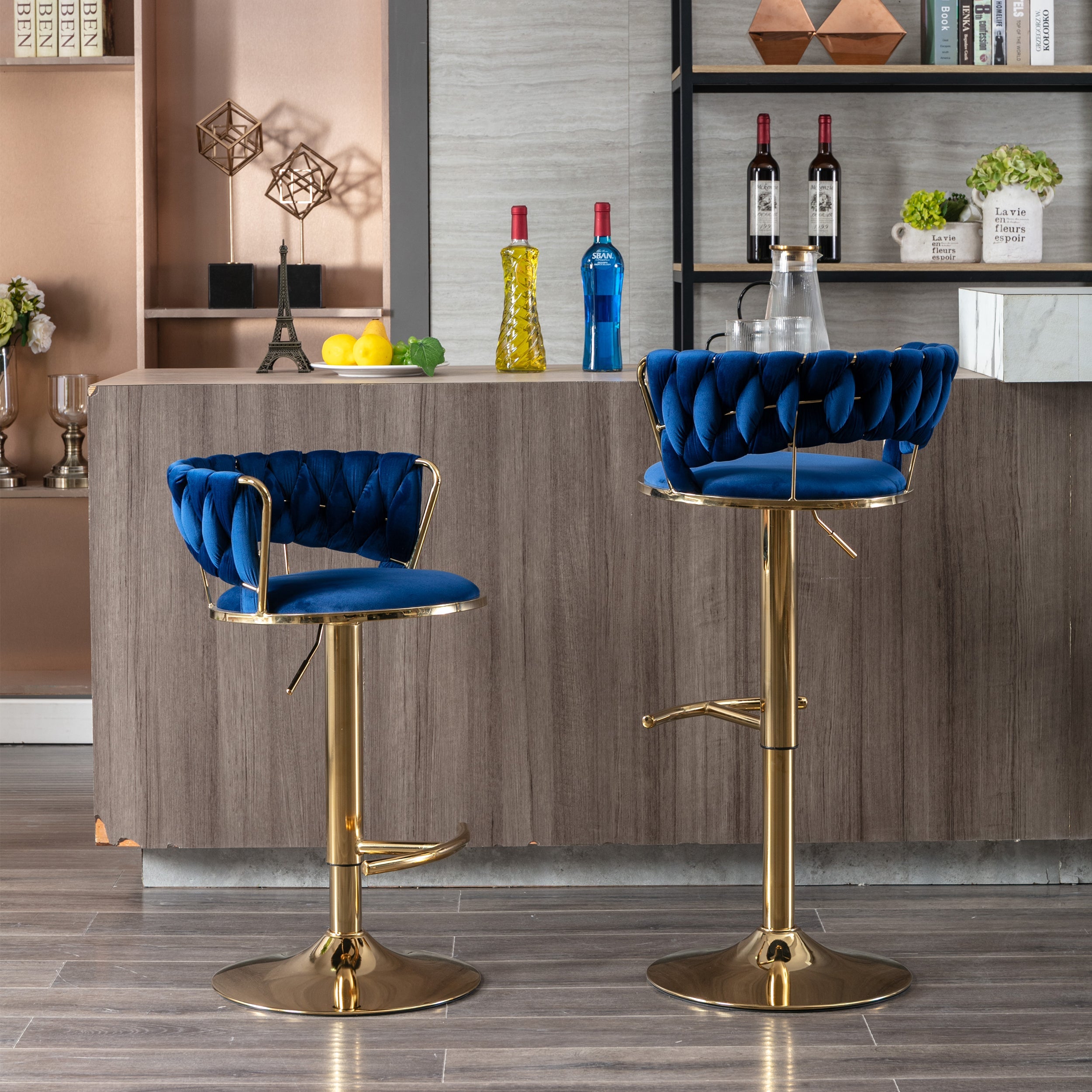 Swivel Height Adjustable Velvet Bar Stools with Golden Leg (Set of 2 )