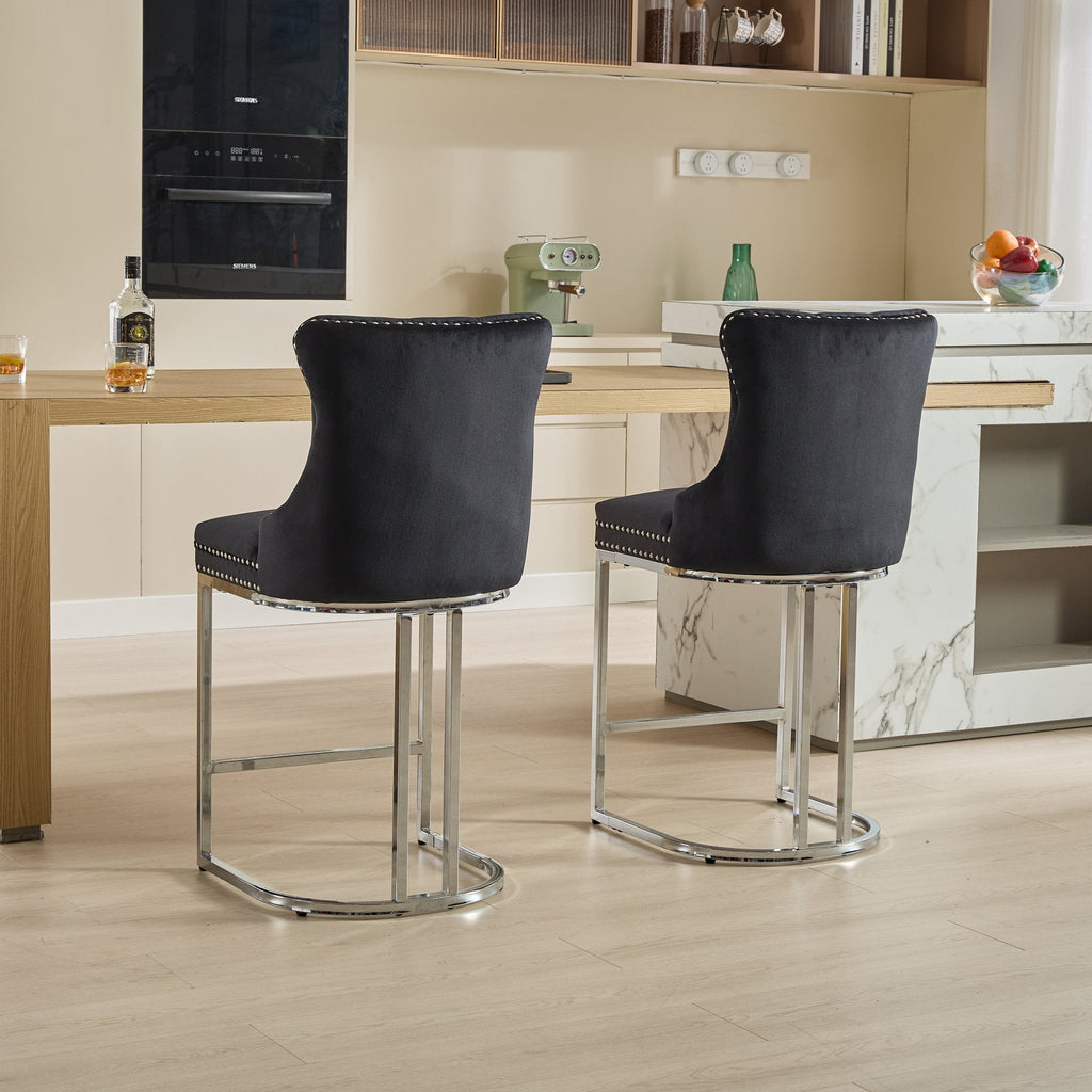 Luxury Elegant Nailhead Trim Tufted Velvet Bar Stools (Set of 2)
