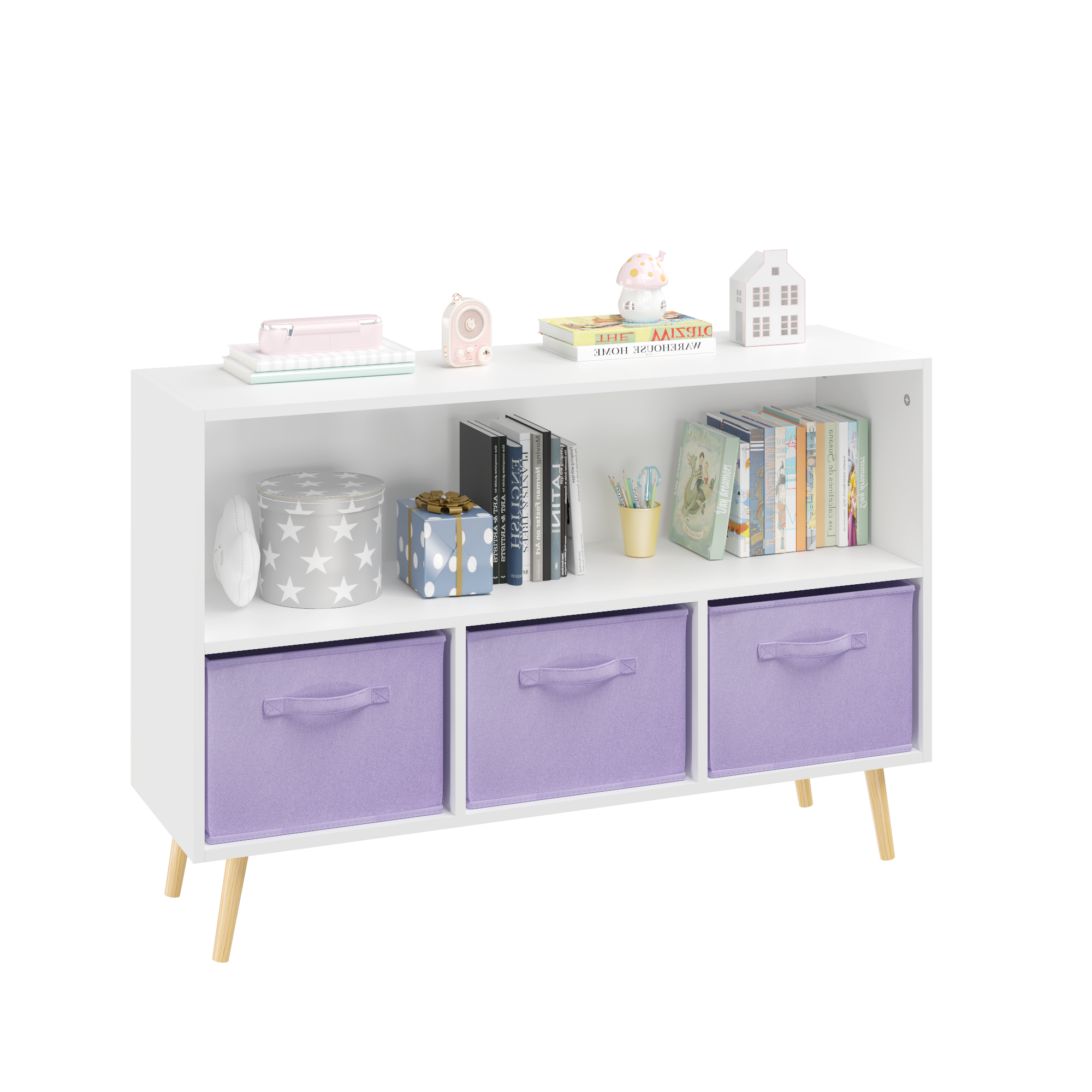 Children's Book Display Kids Bookcase with 3 Fabric Bins