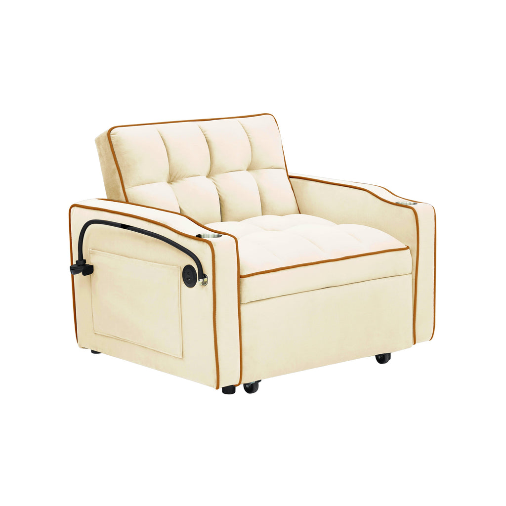 Velvet Foldable Sofa Bed Adjustable Back with USB, Ashtray & Phone Stand