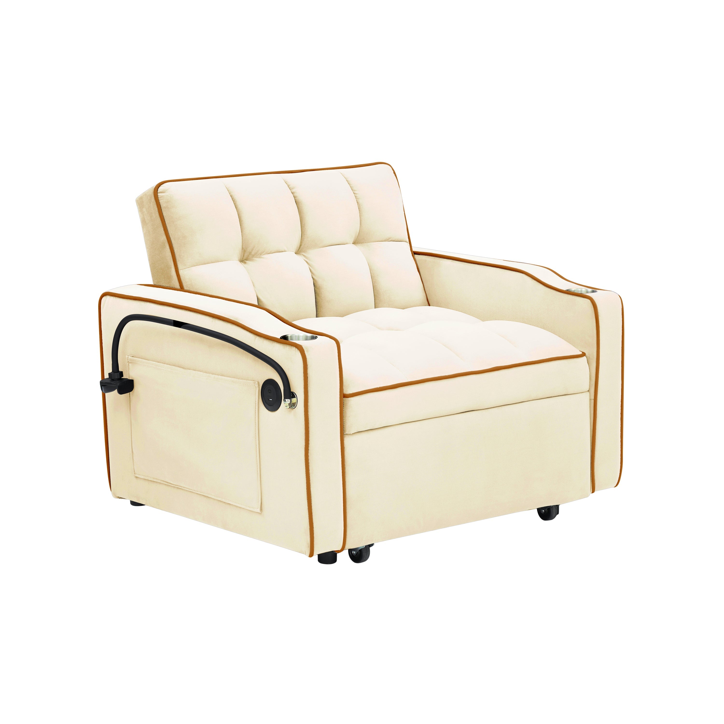 Velvet Foldable Sofa Bed Adjustable Back with USB, Ashtray & Phone Stand