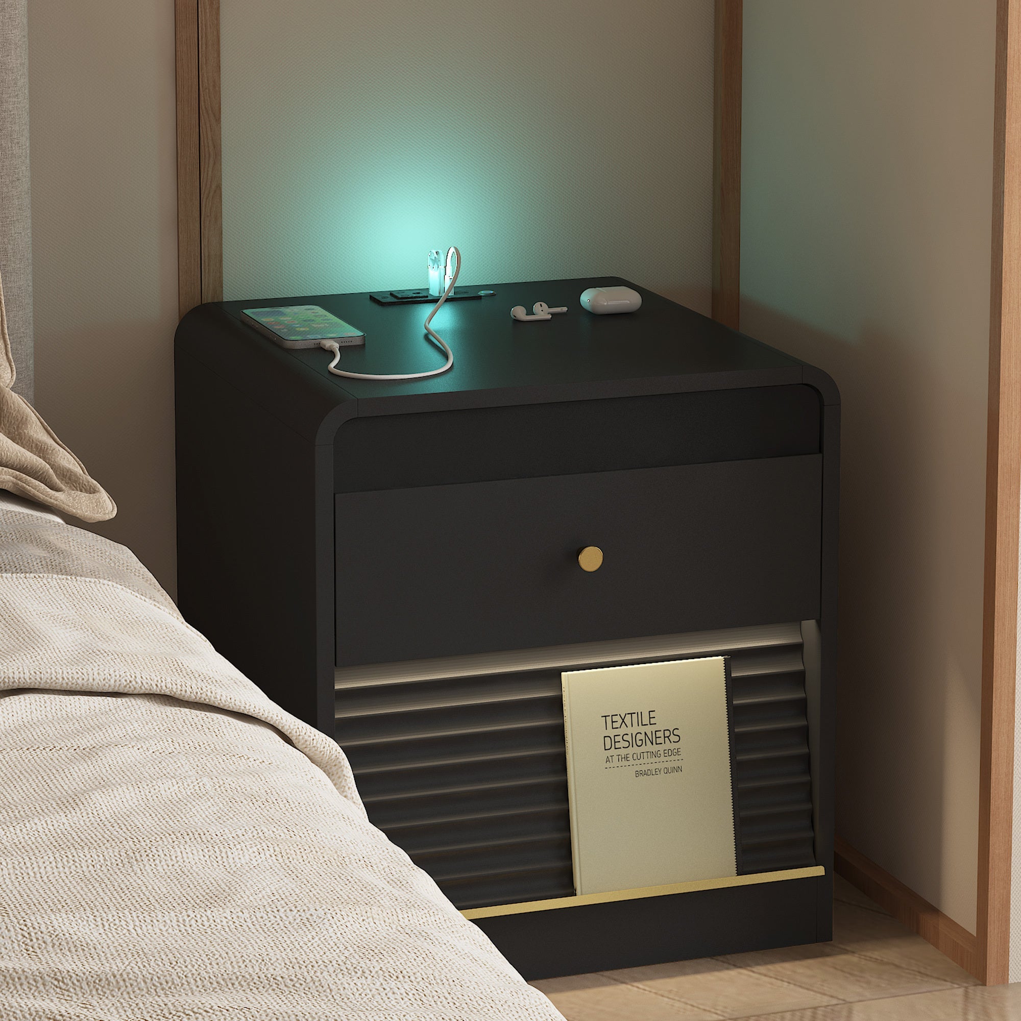 Smart Nightstand with Charging Station & Voice-Controlled LED Lights