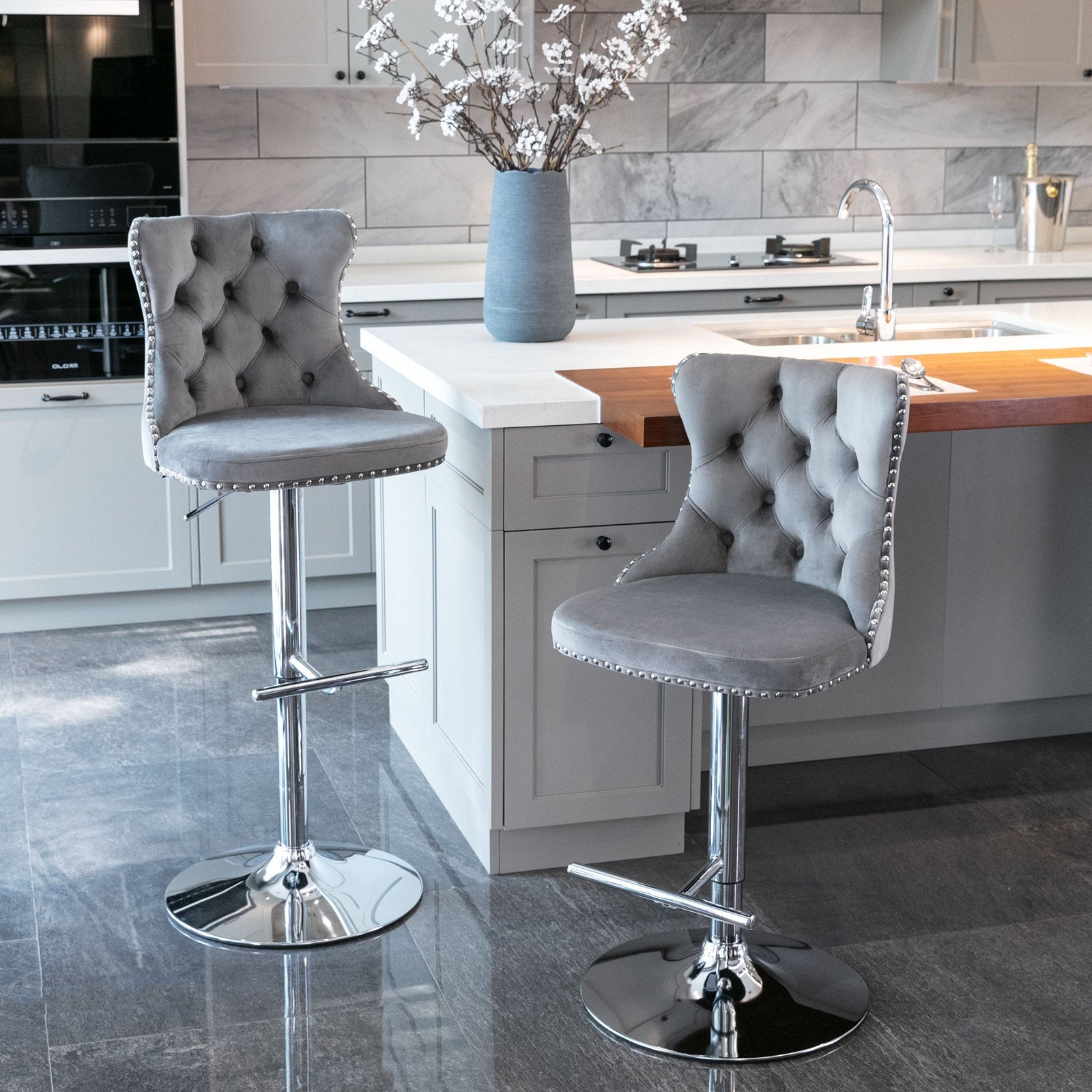 25-33 Inch Modern Velvet Swivel Barstools (Set of 2)