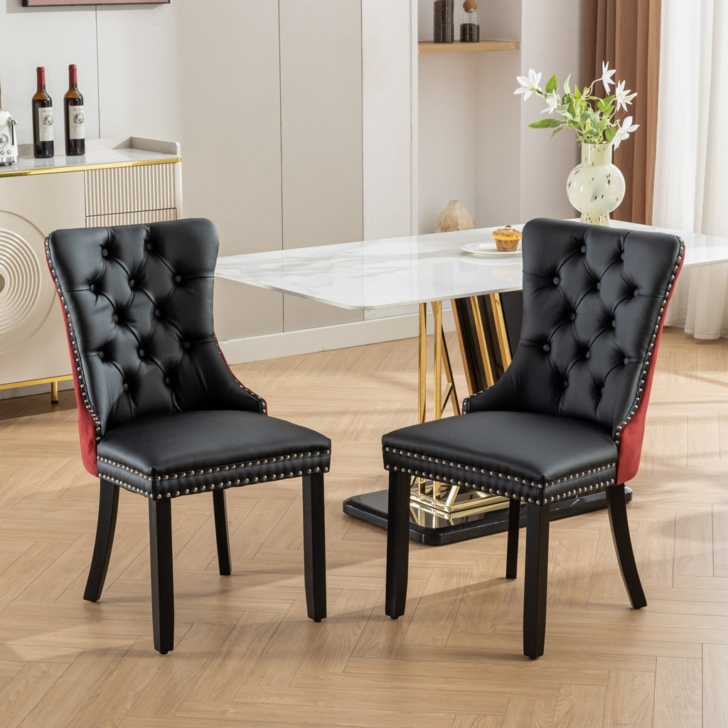 Tufted Solid Wood PU Upholstered Dining Chair with Wood Legs (Set of 2)
