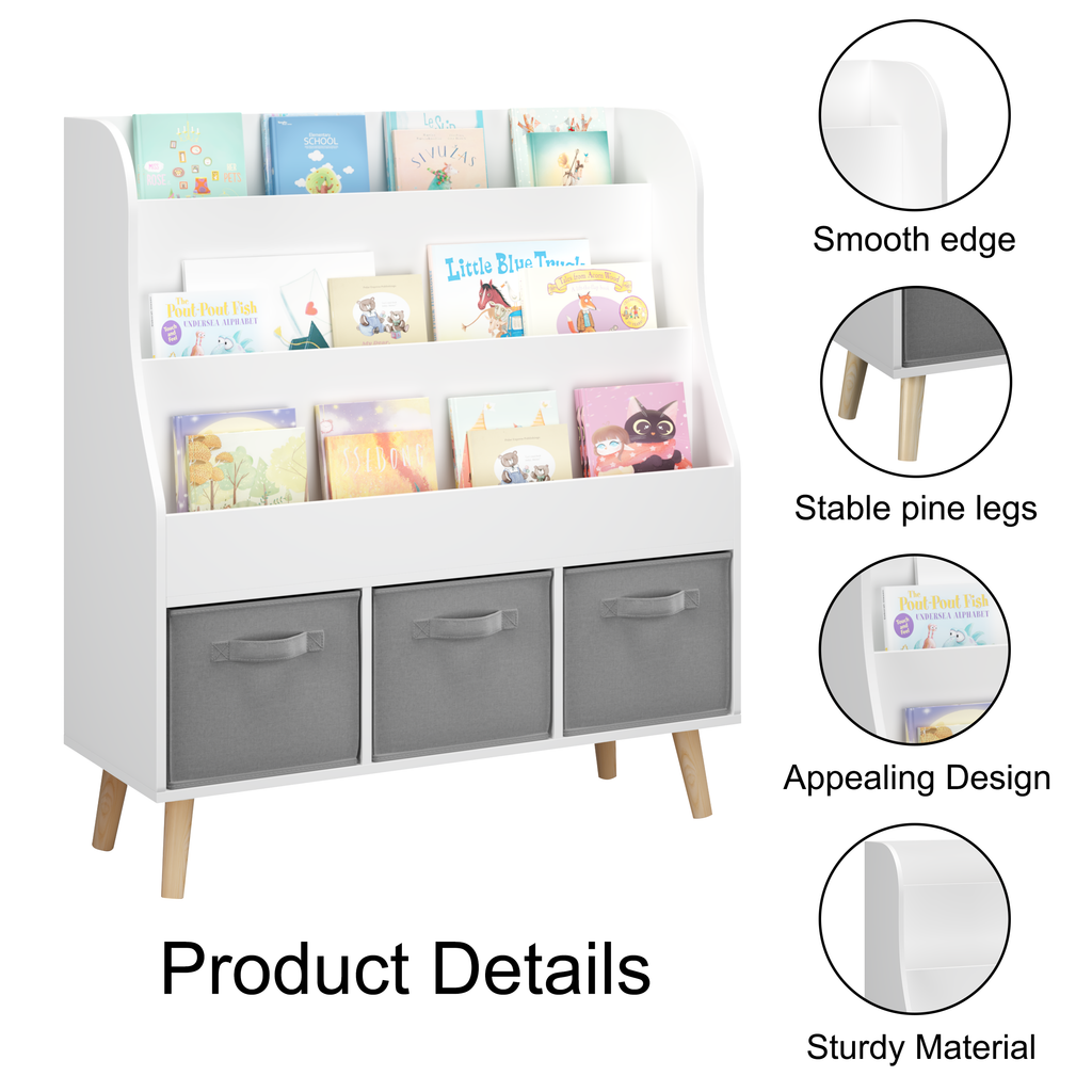 Kids Bookshelf with 3 Fabric Storage Bins