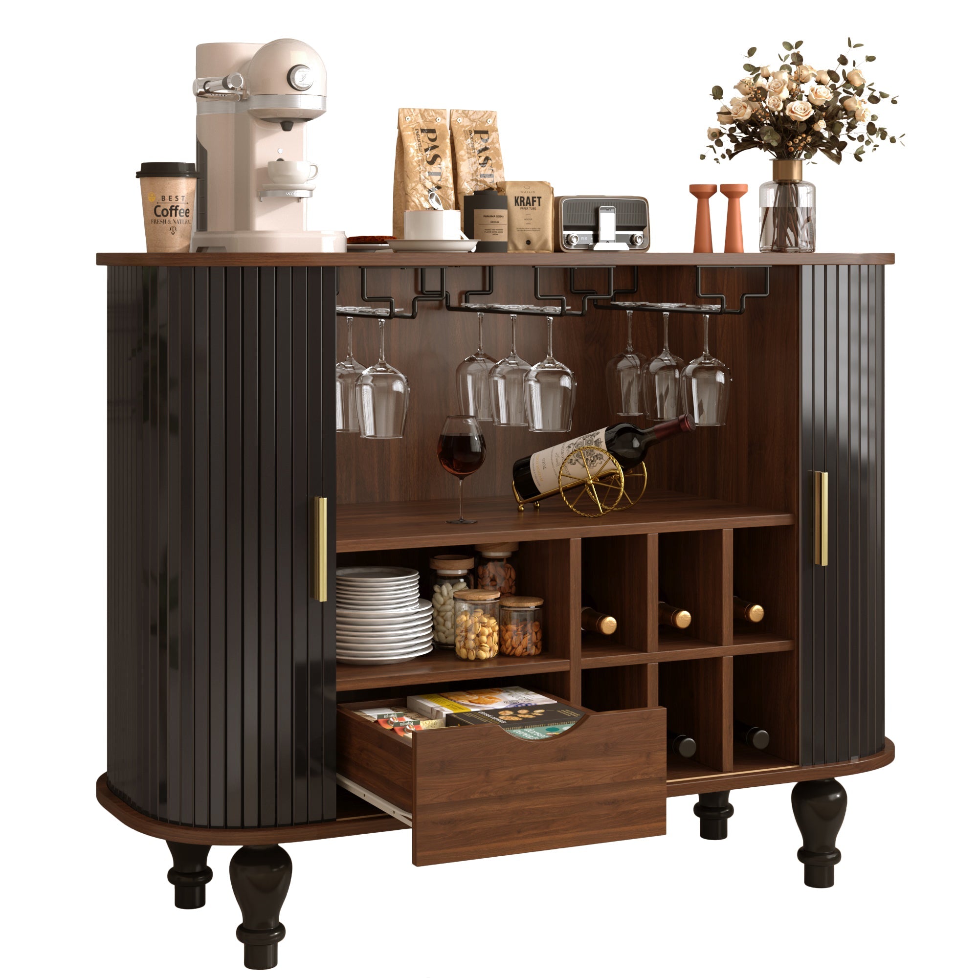 39" Fluted Liquor and Coffee Bar Cabinet with Wine Racks Glass Holders Storage