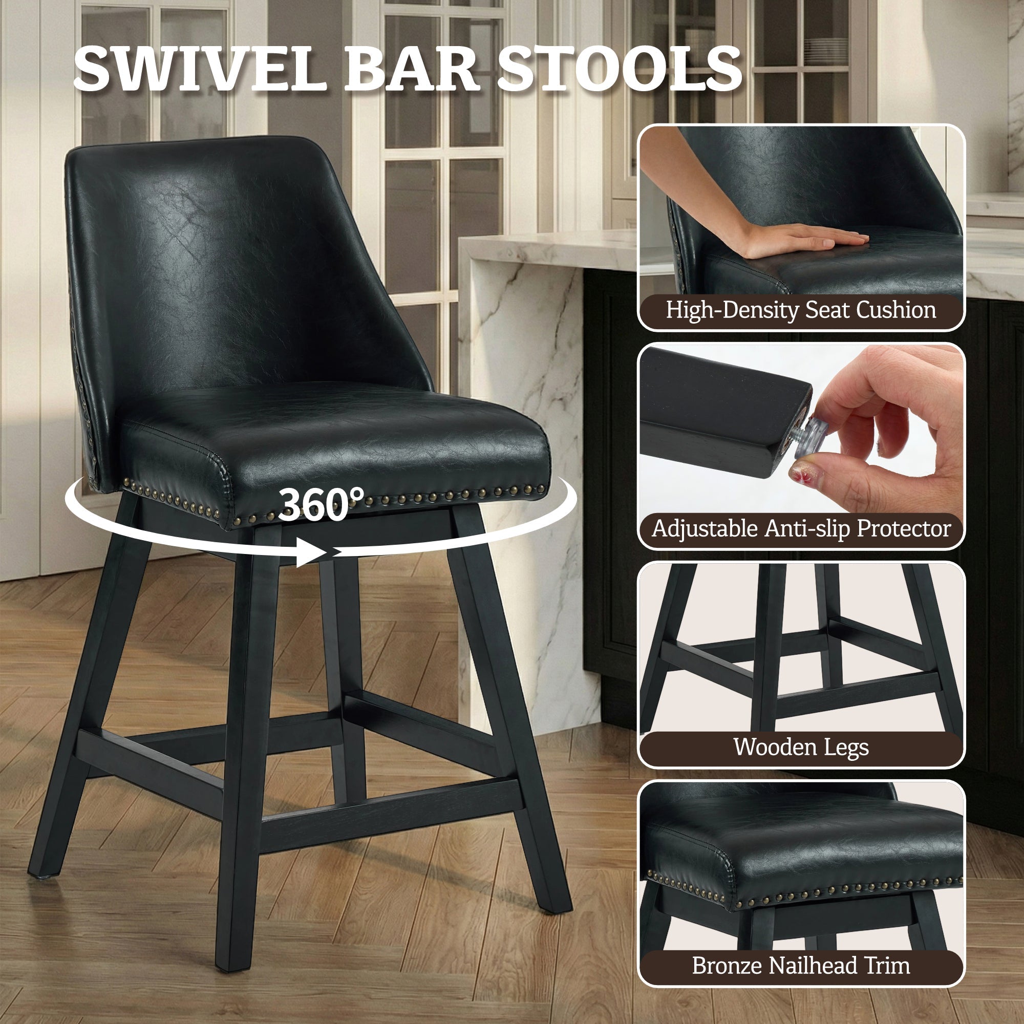 Firmoz Modern 360° Swivel Bar Stools with PU/Cracked Leather Upholstery