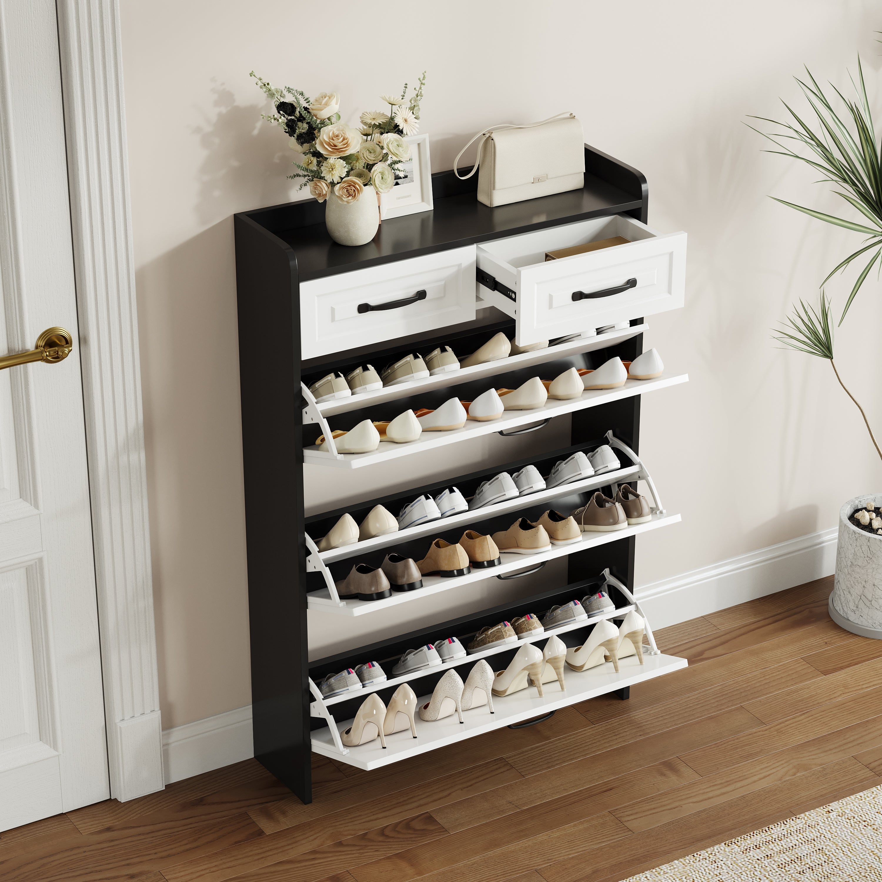 Black Shoe Cabinet with 3 Doors 2 Drawers