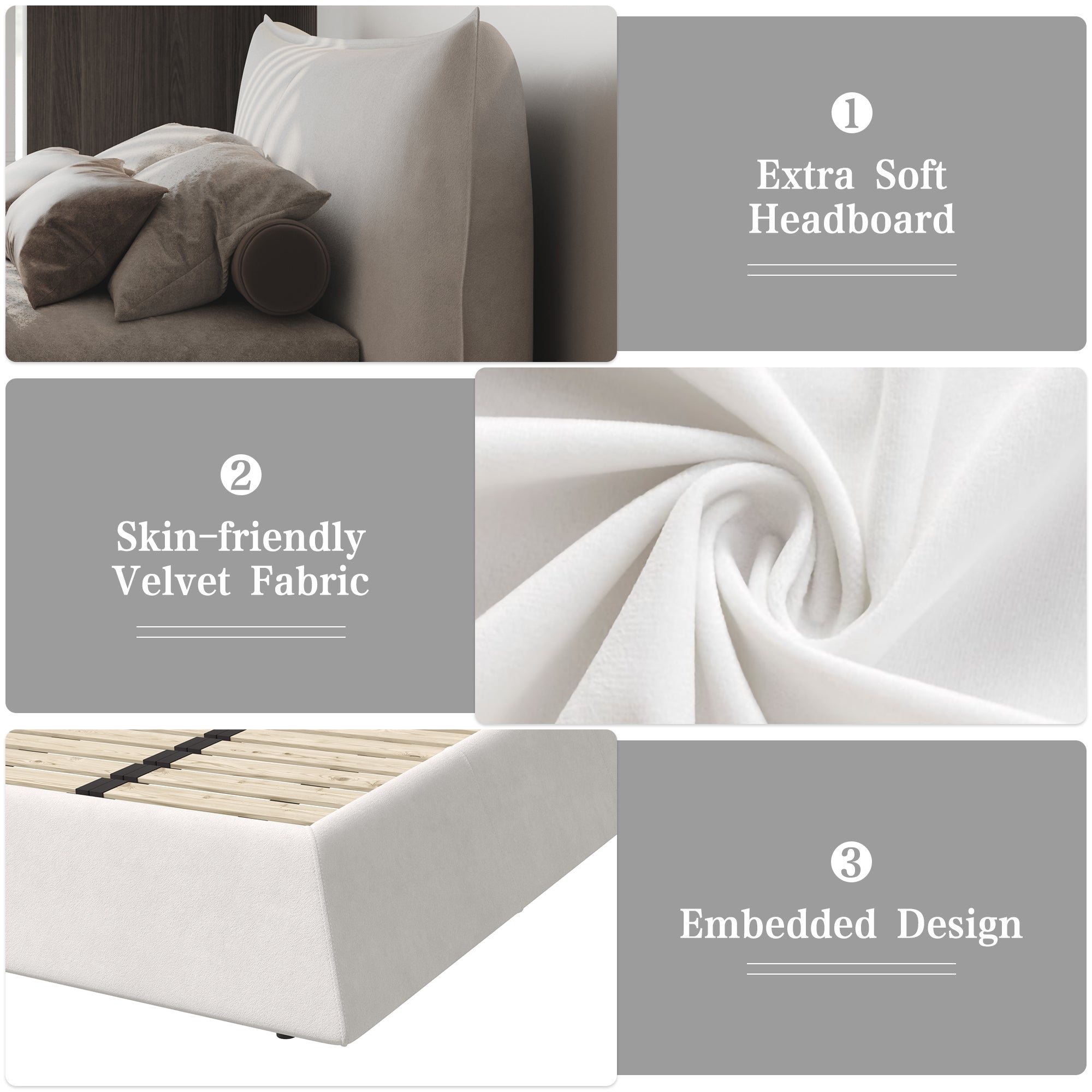 Queen Size Upholstered Platform Bed with Velvet Headboard