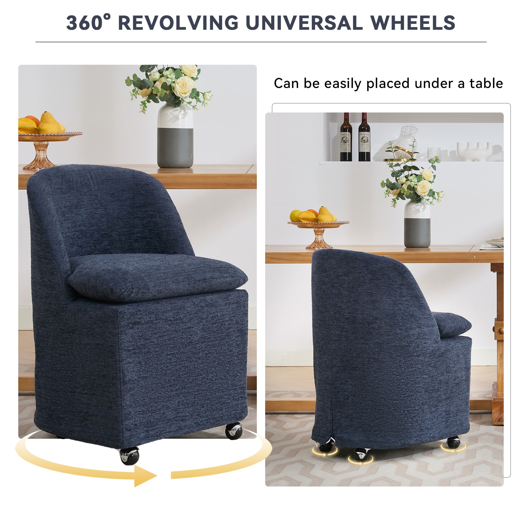 Chenille Fabric Dining Chairs with Universal Wheels