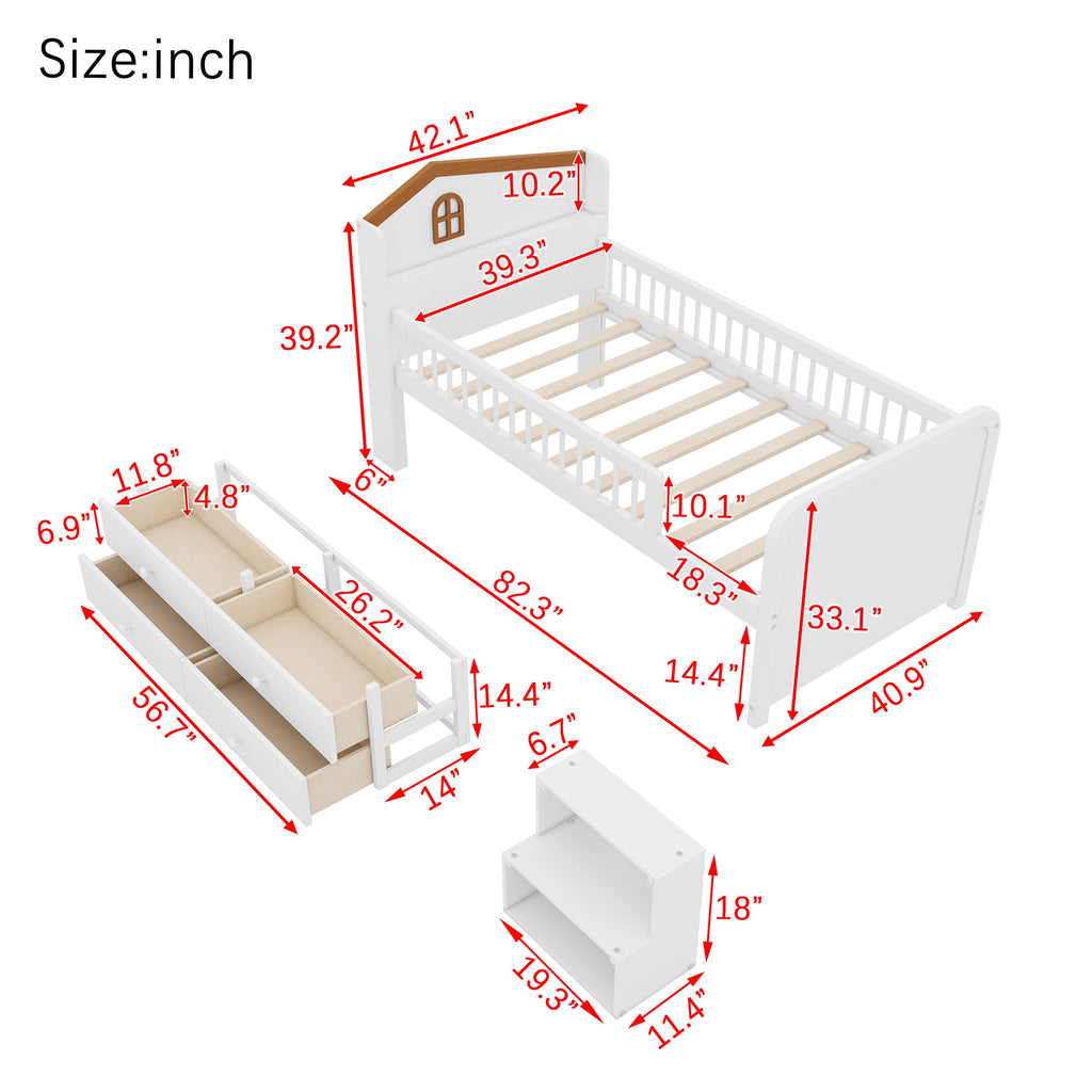 Wooden Twin Loft Bed with House Shape Headboard