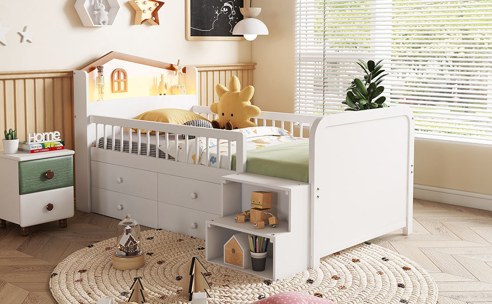 Wooden Twin Loft Bed with House Shape Headboard