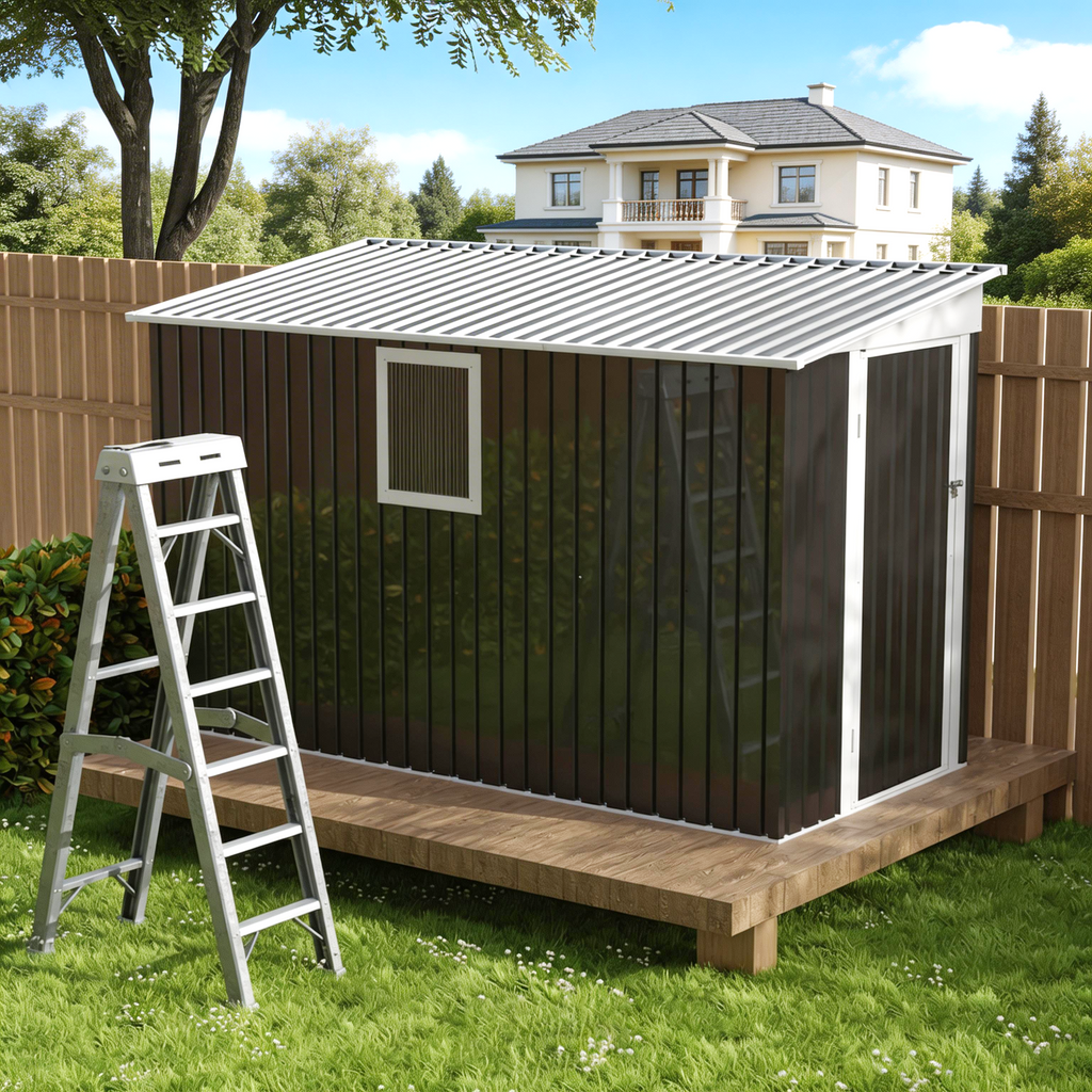 4X9 FT Metal Garden Shed with 1 Window Hinge Door Outdoor Storage